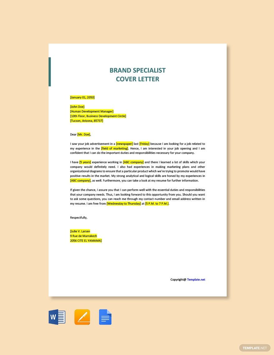 Brand Specialist Cover Letter in Word, Google Docs, Pages, PDF - Download | Template.net