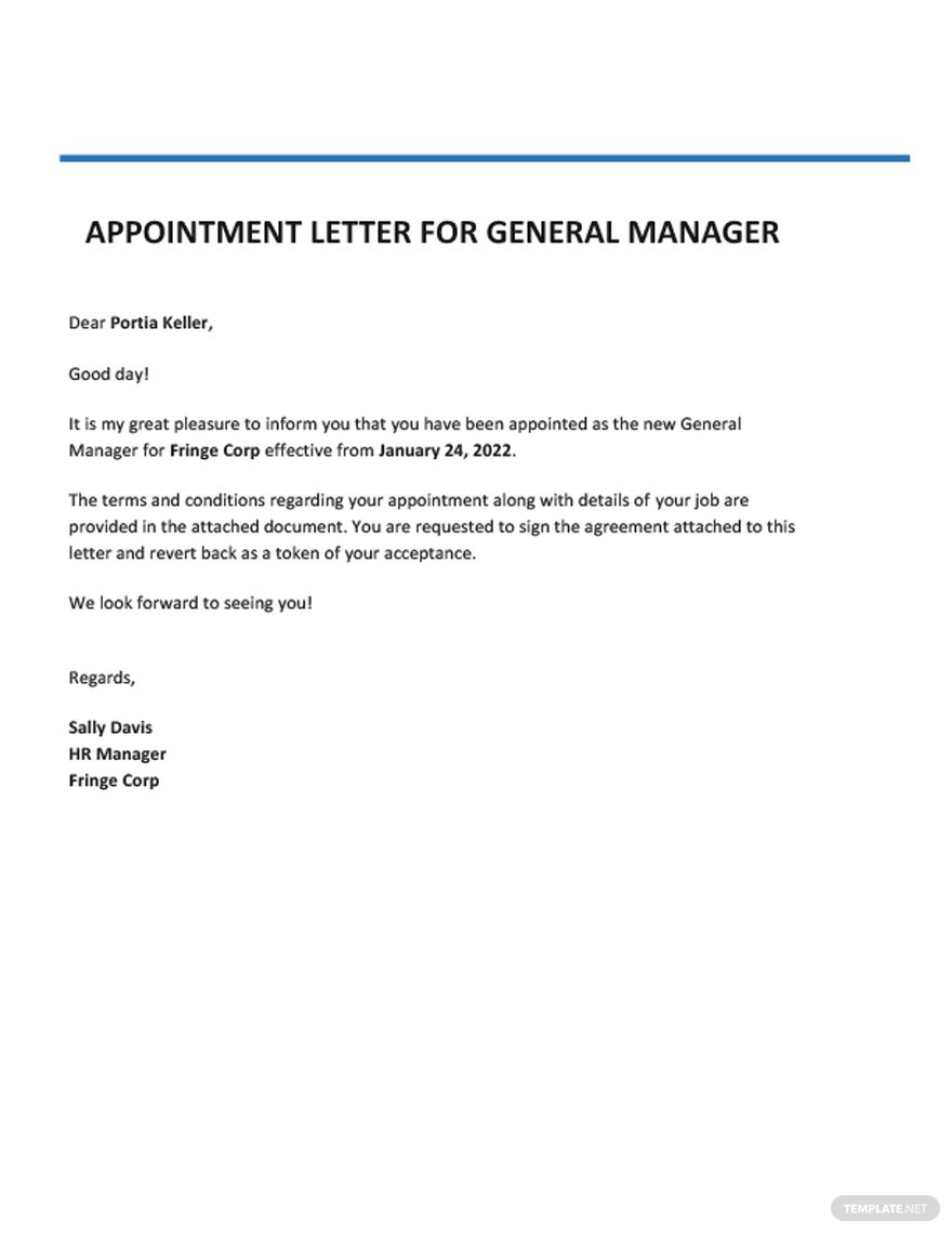 Appointment Letter for General Manager Template in Word, Google Docs, PDF, Apple Pages