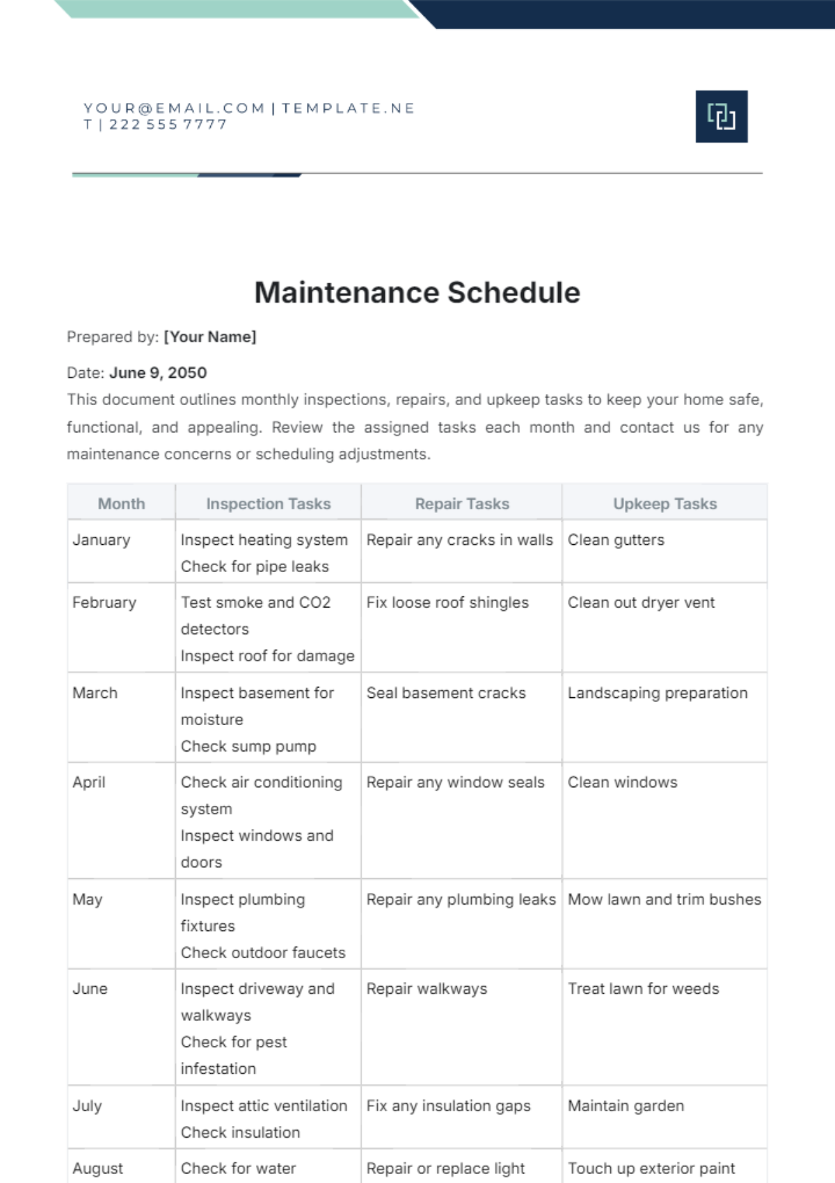 Free Maintenance Schedule Template