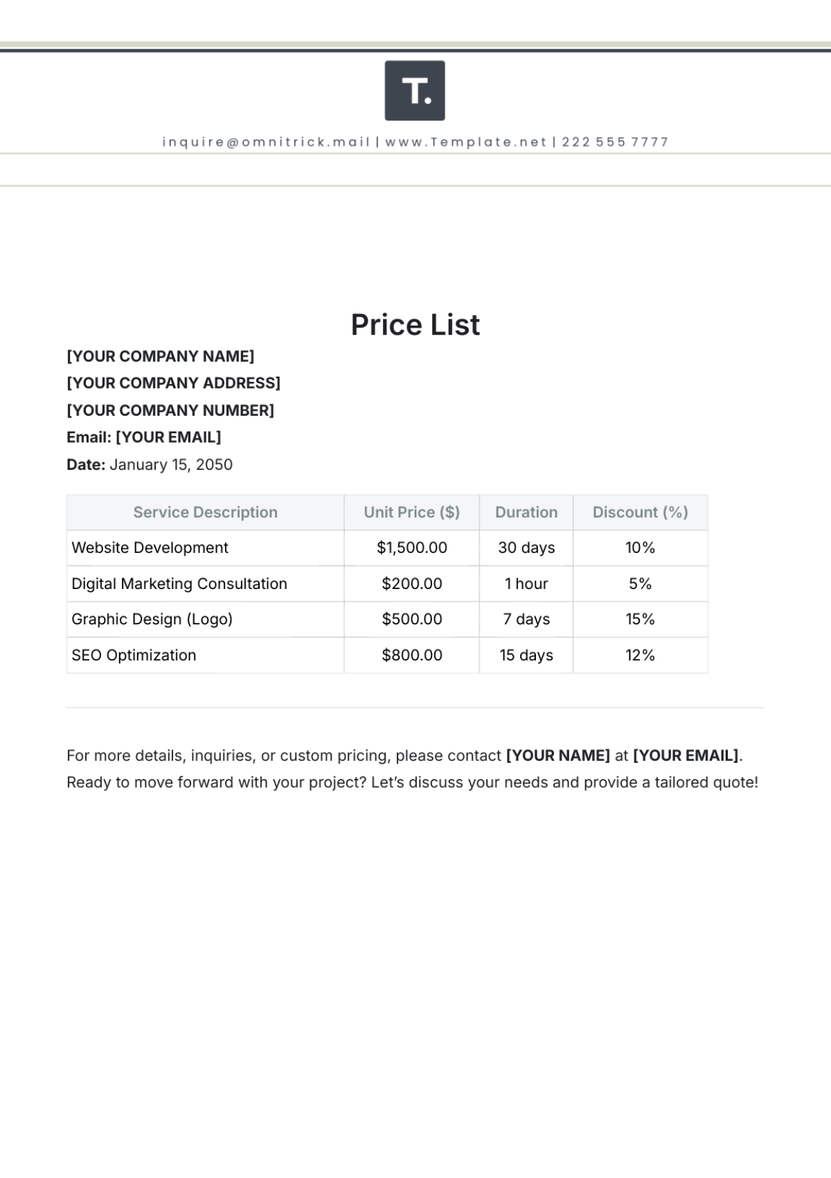 Free Sample Price List Template