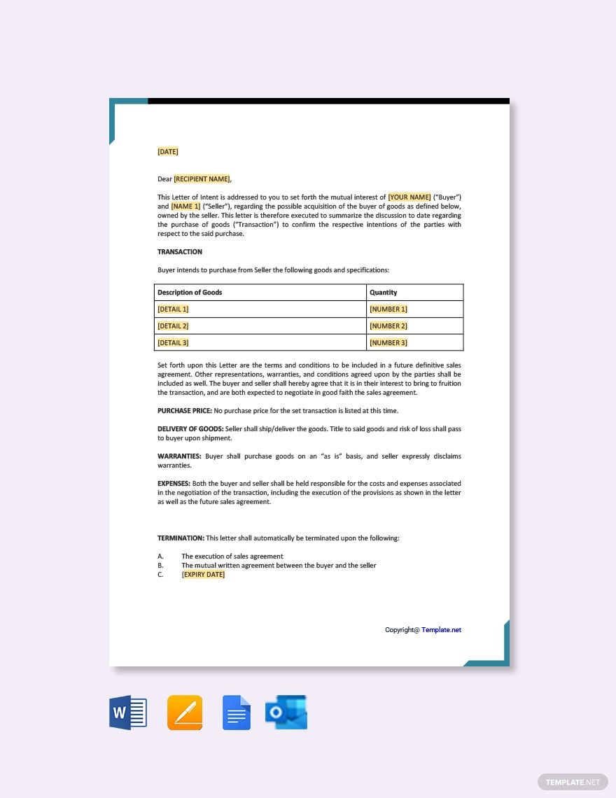 Letter of Intent to Purchase Goods in Google Docs, Pages, Word, Outlook, PDF - Download | Template.net