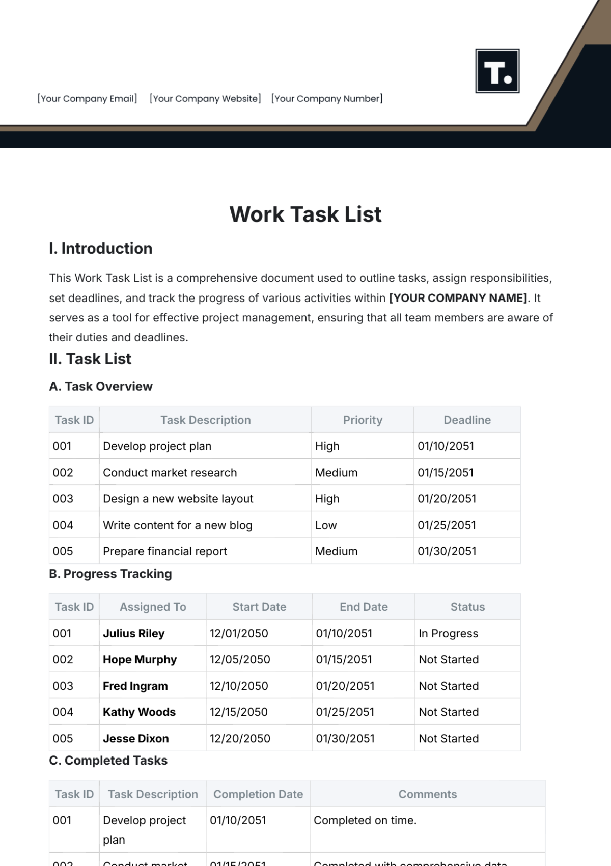 Free Work Task List Template