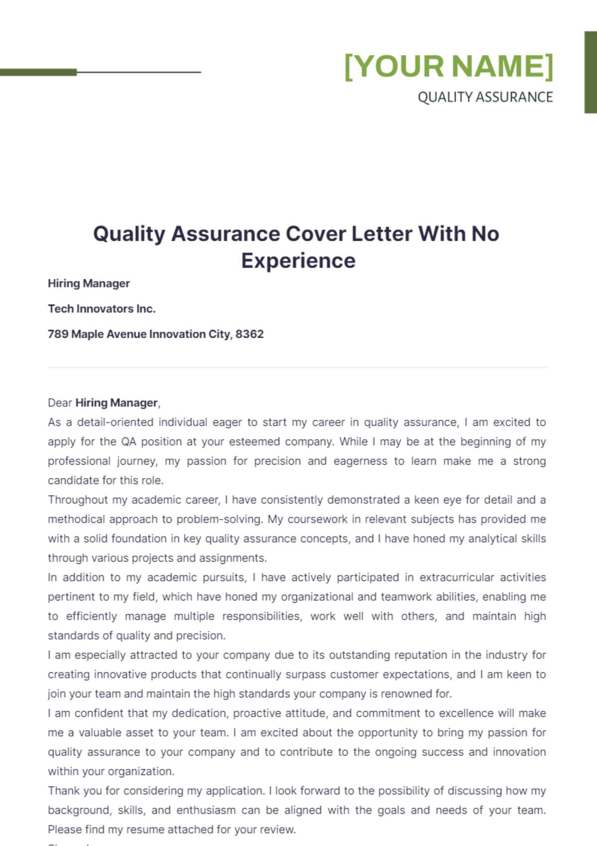 Free Quality Assurance Cover Letter With No Experience Template - Edit ...