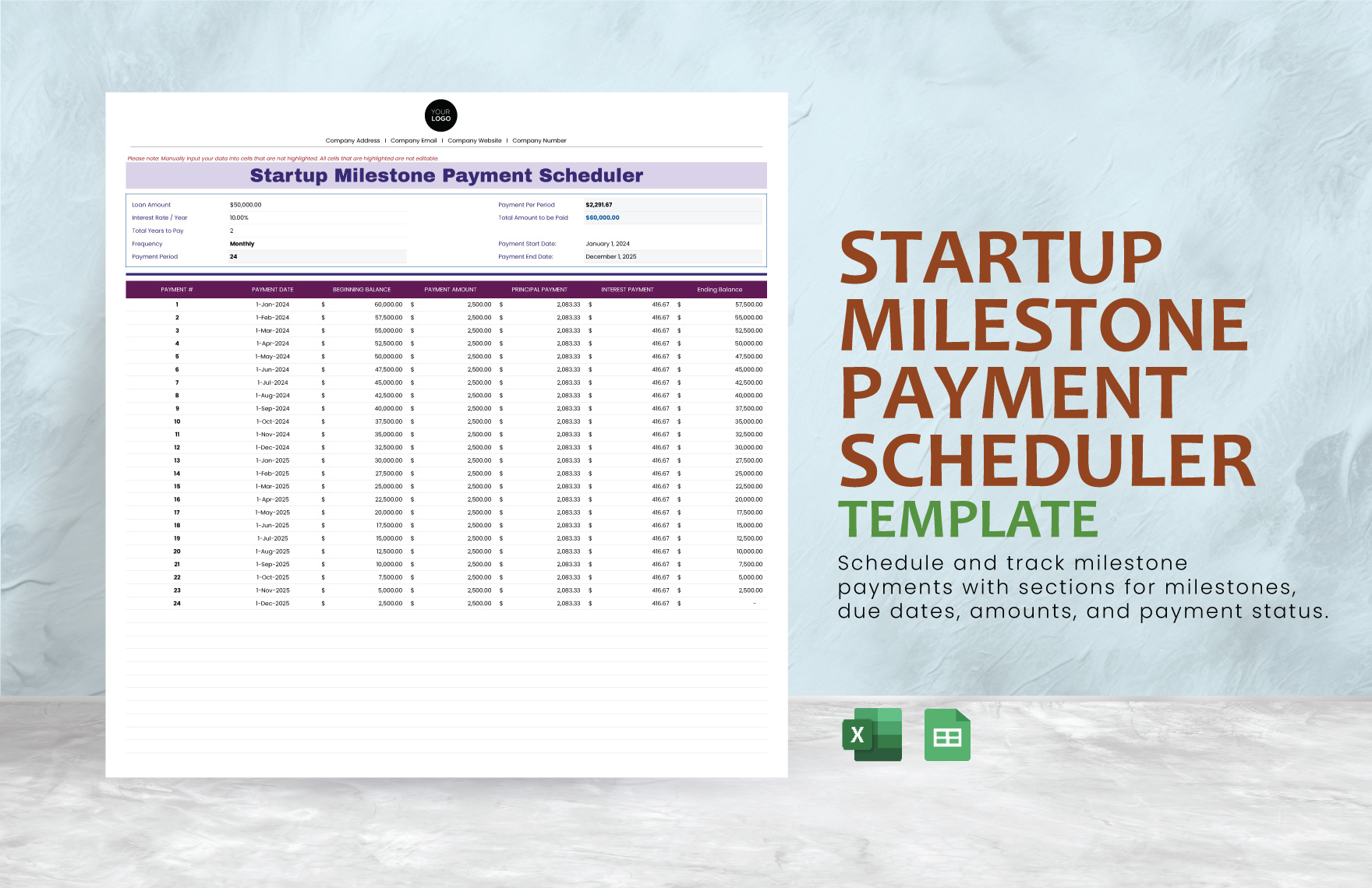 Startup Milestone Payment Scheduler Template in Google Sheets, Excel - Download | Template.net