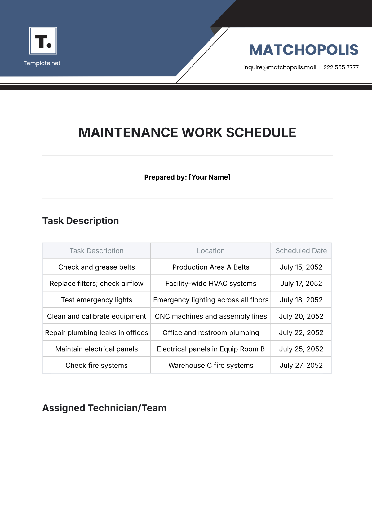 Free Maintenance Work Schedule Template