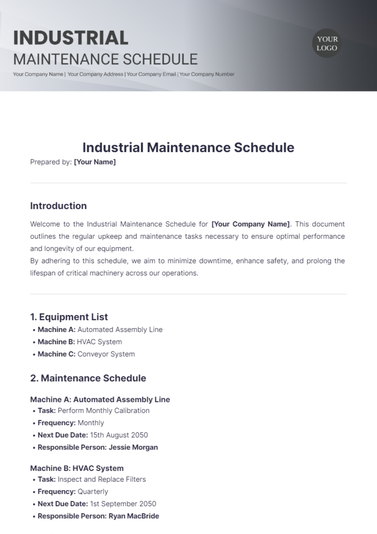 Free Industrial Maintenance Schedule Template