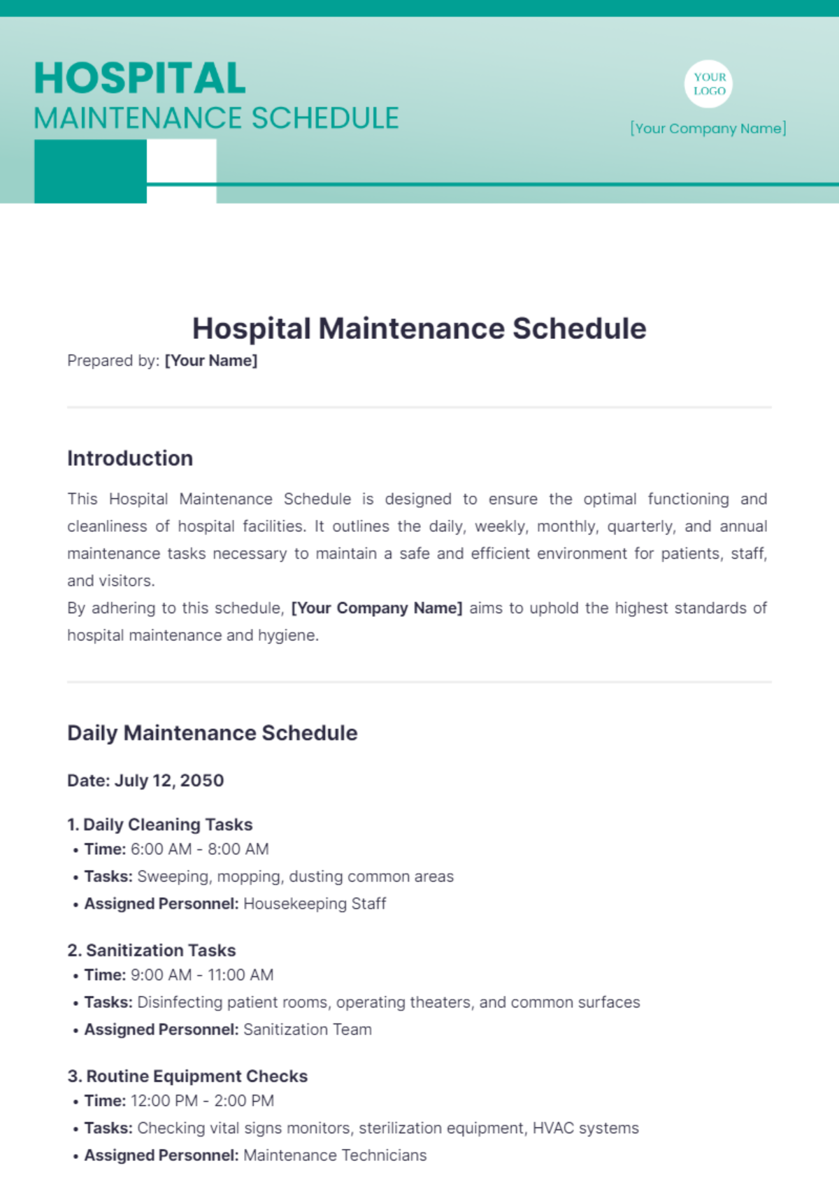 Free Hospital Maintenance Schedule Template