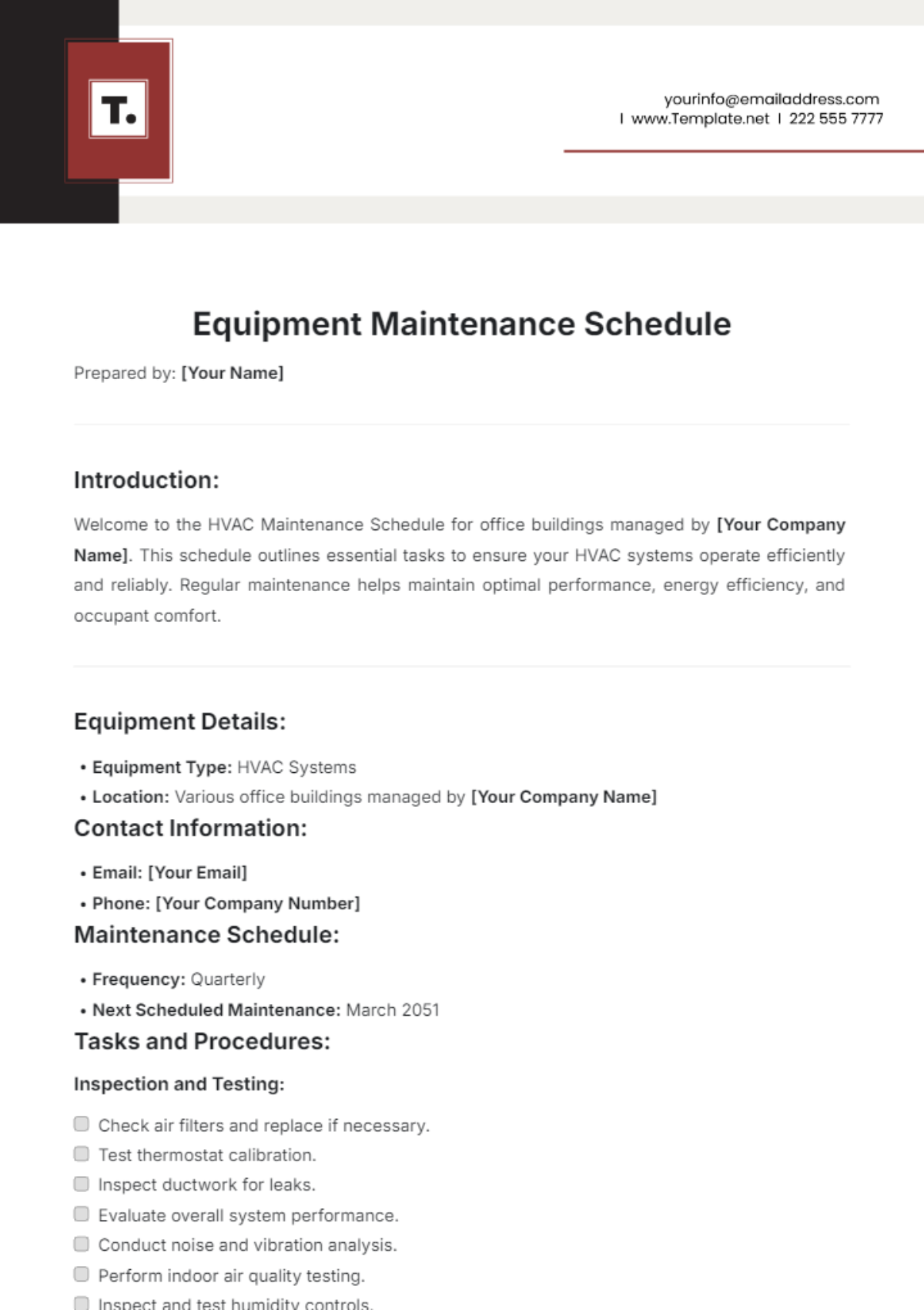 Free Equipment Maintenance Schedule Template