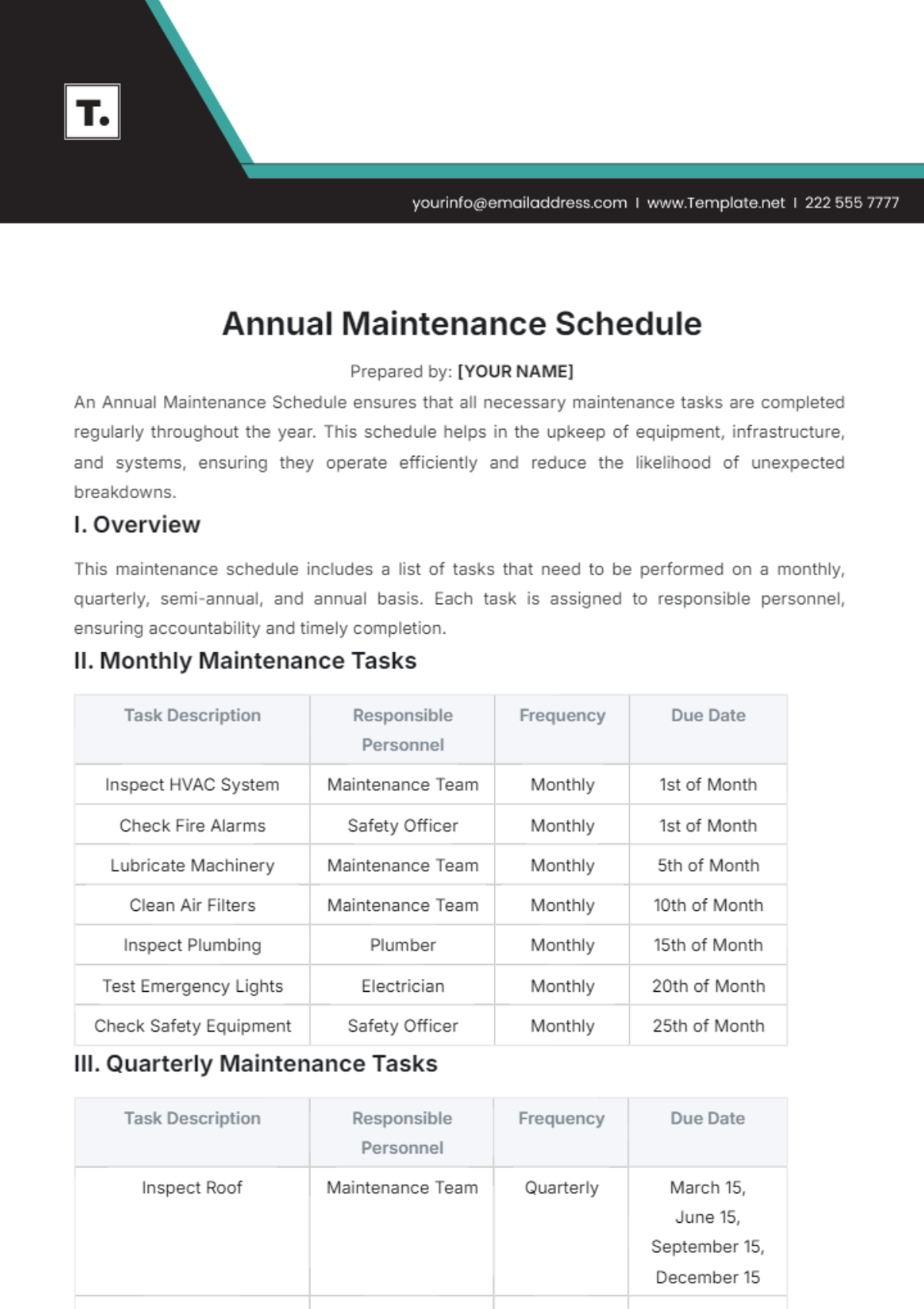 Free Annual Maintenance Schedule Template