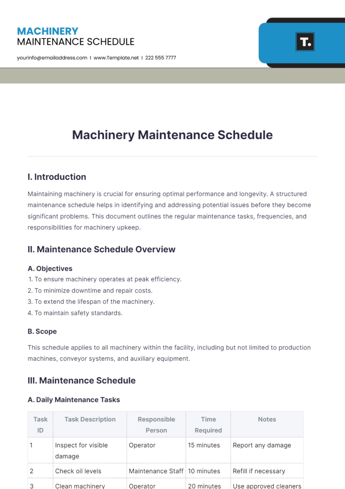 Free Machinery Maintenance Schedule Template