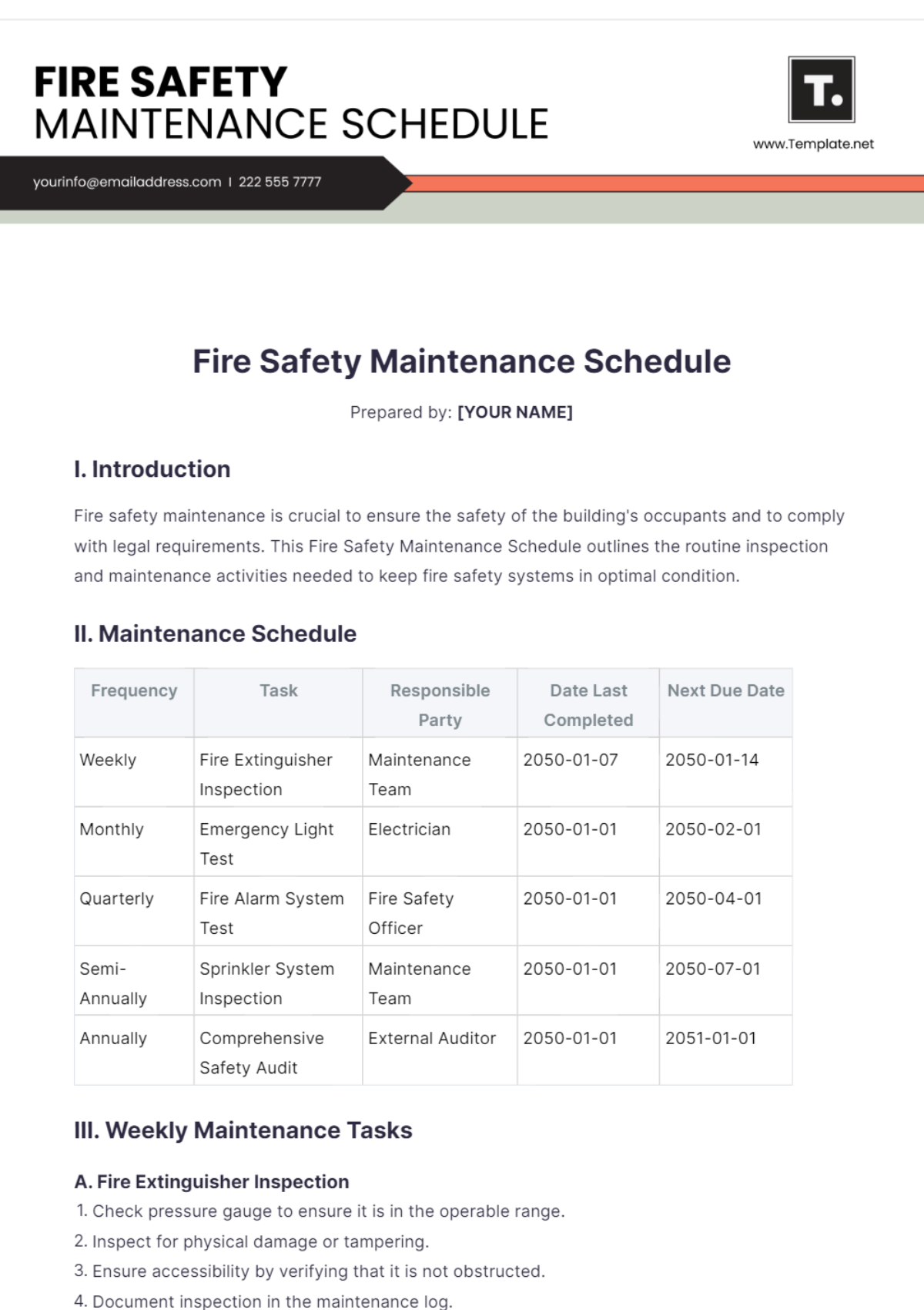 Free Fire Safety Maintenance Schedule Template