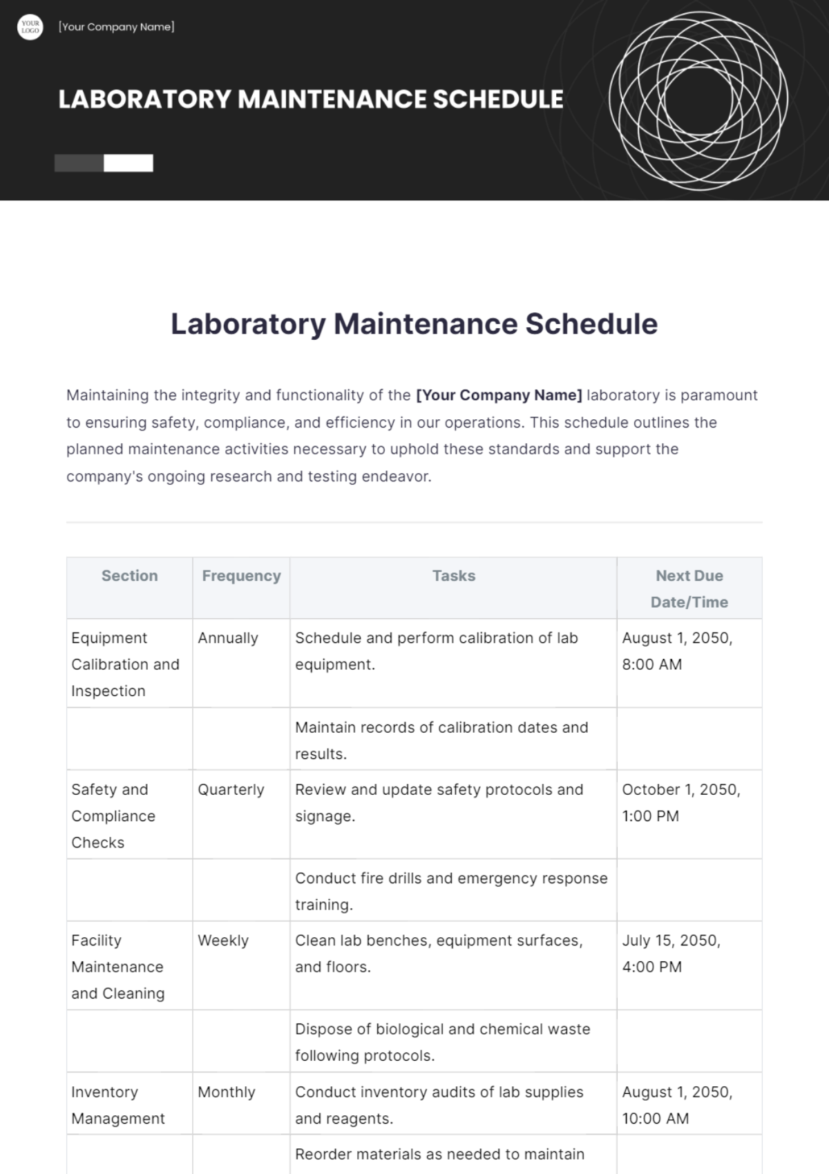 Free Laboratory Maintenance Schedule Template