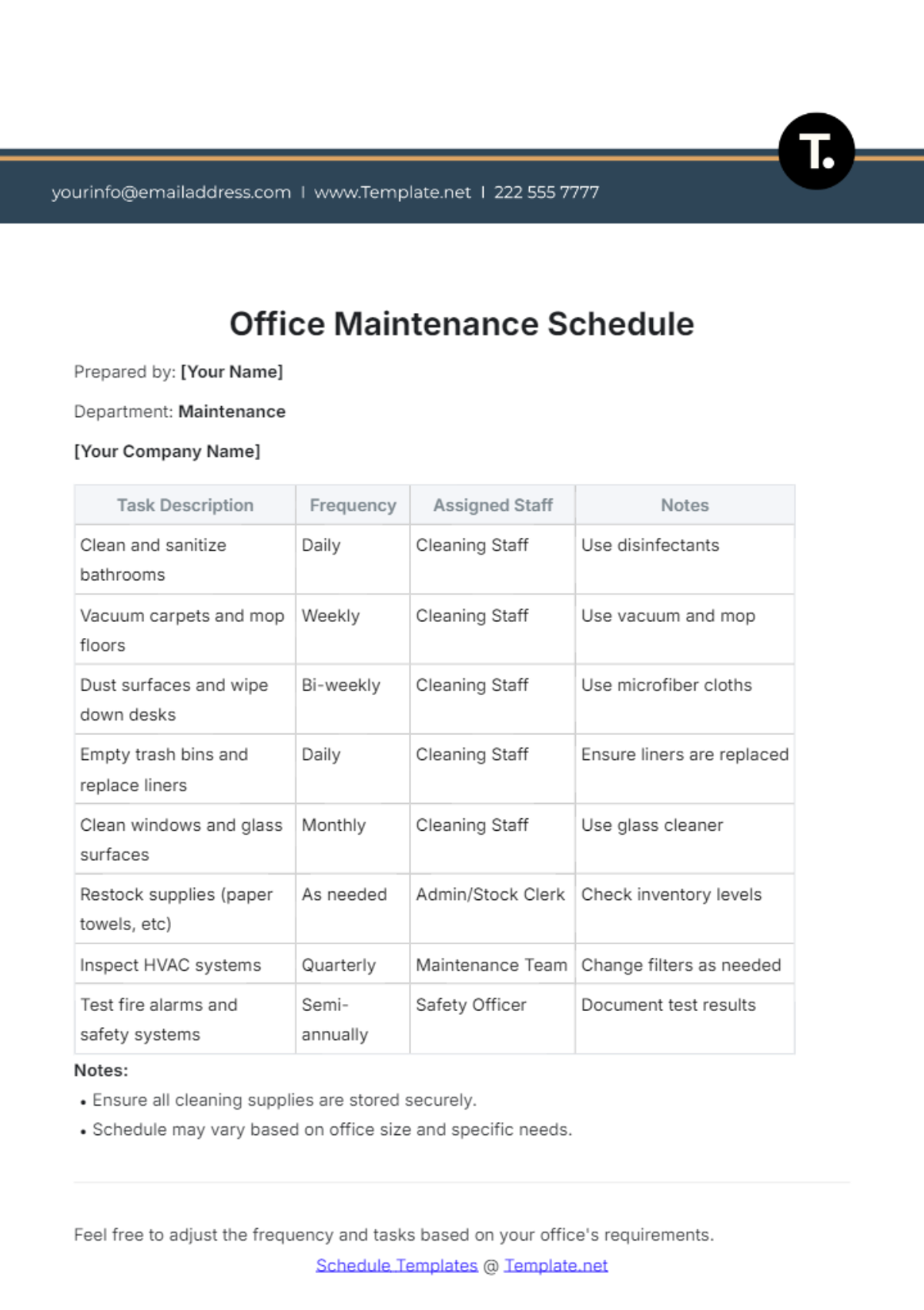 Free Office Maintenance Schedule Template