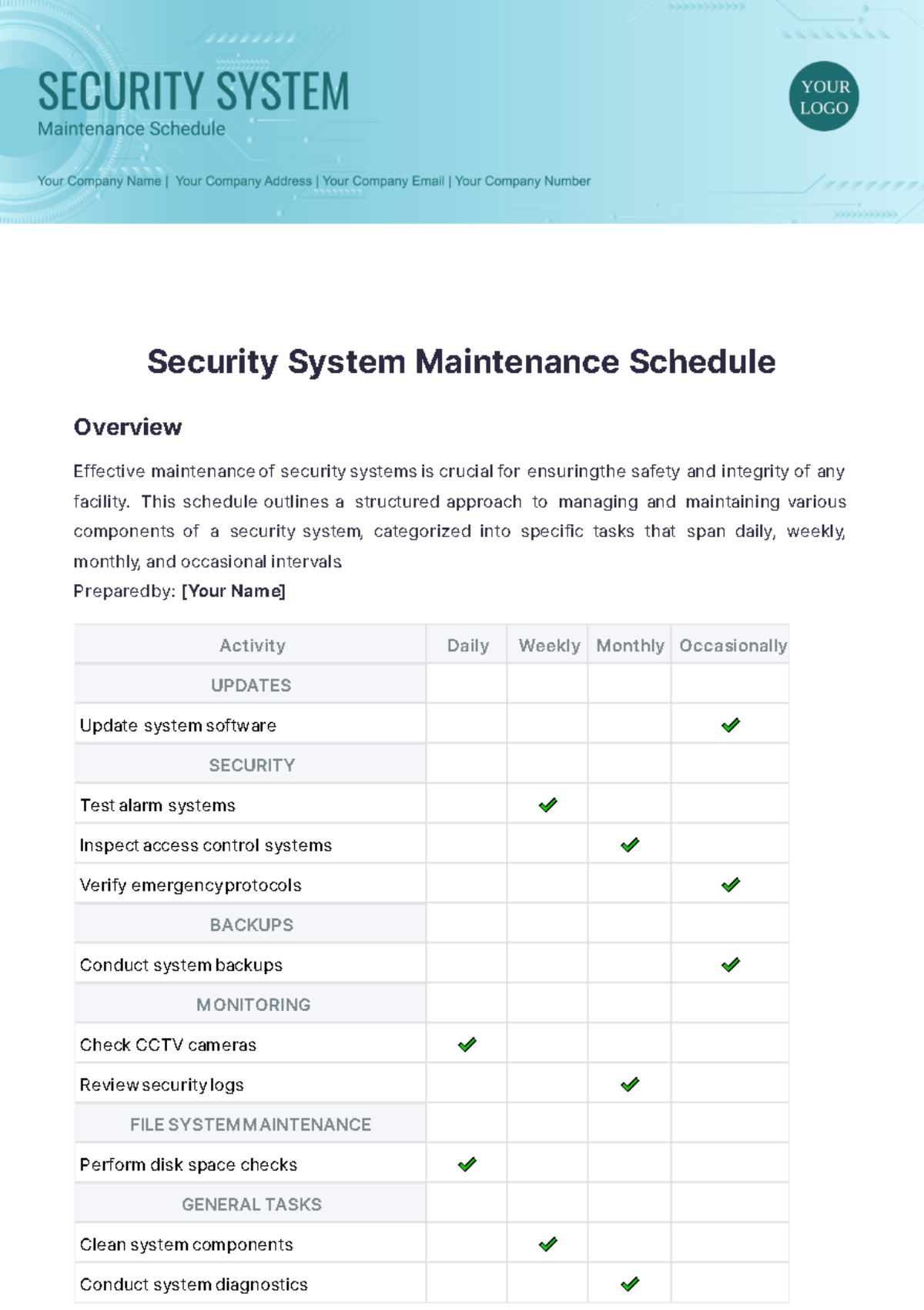 Free Security System Maintenance Schedule Template