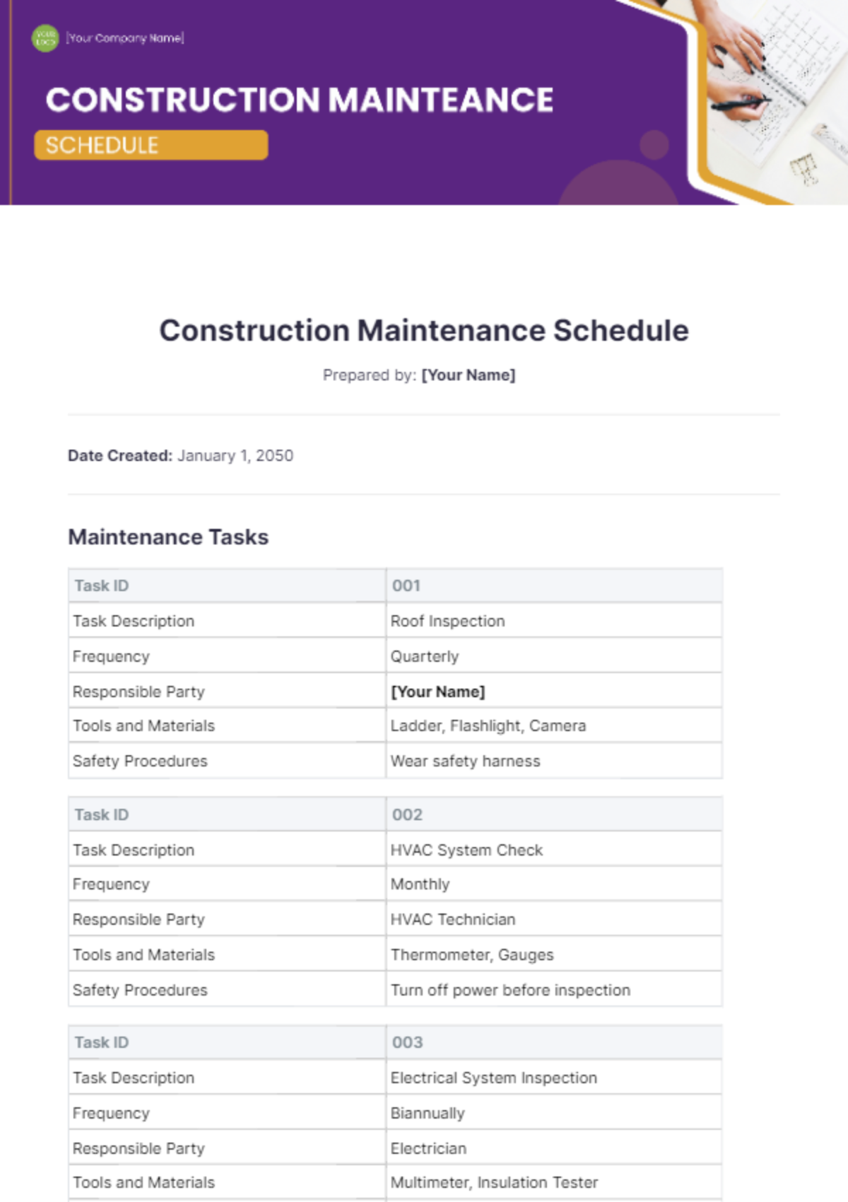 Free Construction Maintenance Schedule Template