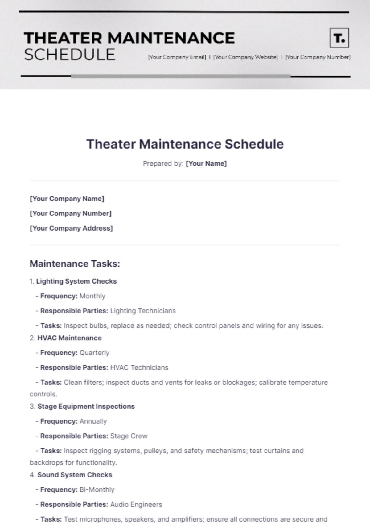 Free Theater Maintenance Schedule Template