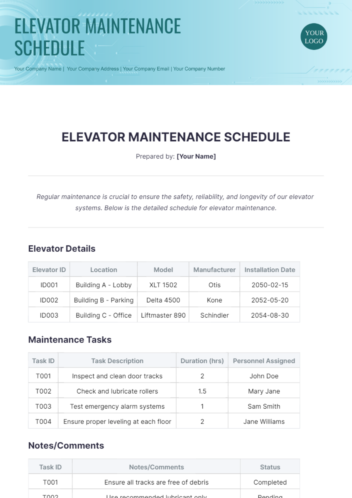 Free Elevator Maintenance Schedule Template