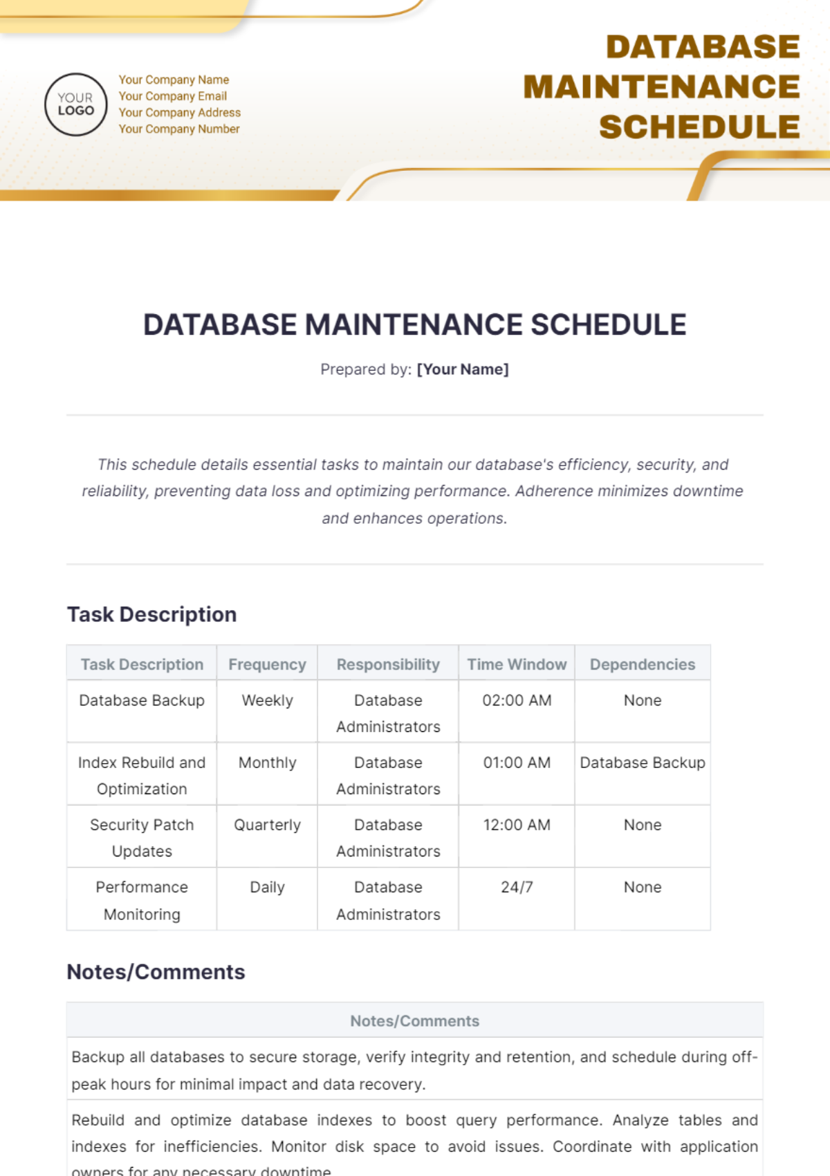 Free Database Maintenance Schedule Template