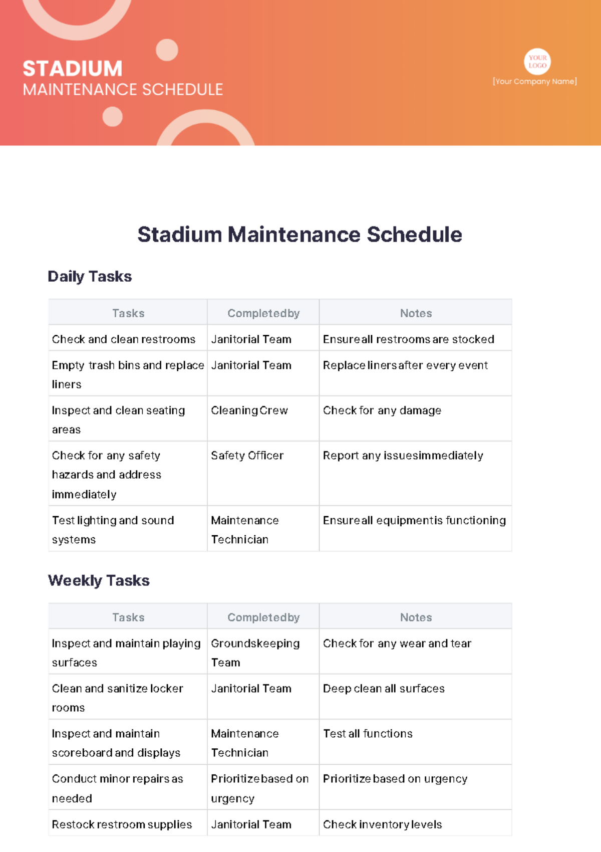 Free Stadium Maintenance Schedule Template