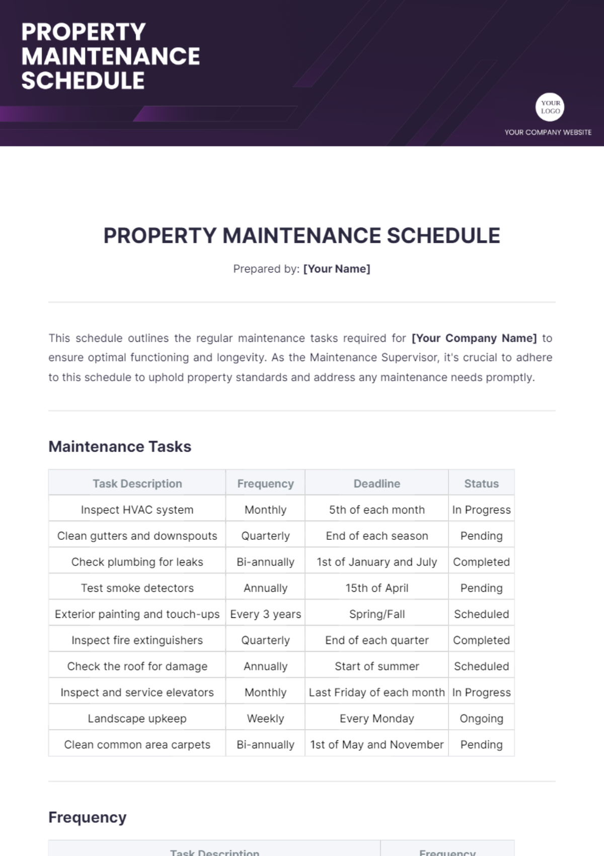 Free Property Maintenance Schedule Template