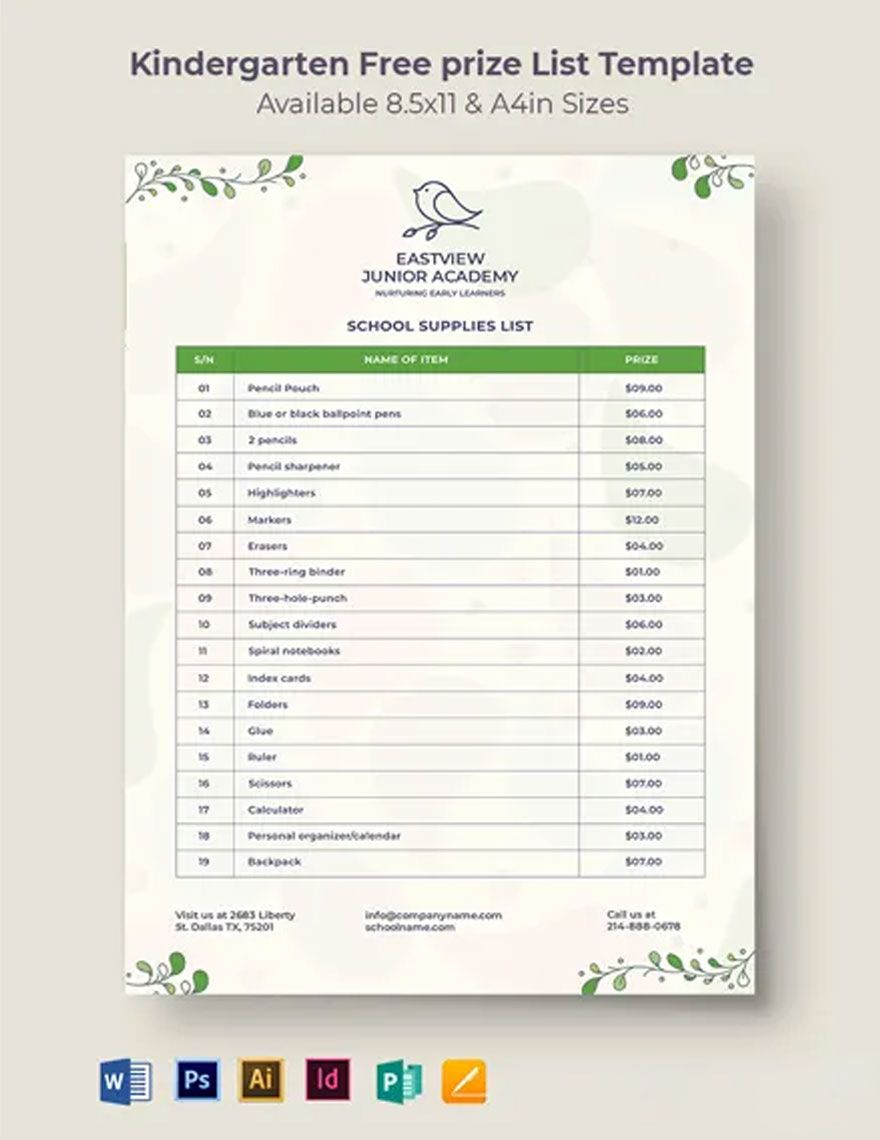 Kindergarten Fees Price List Template