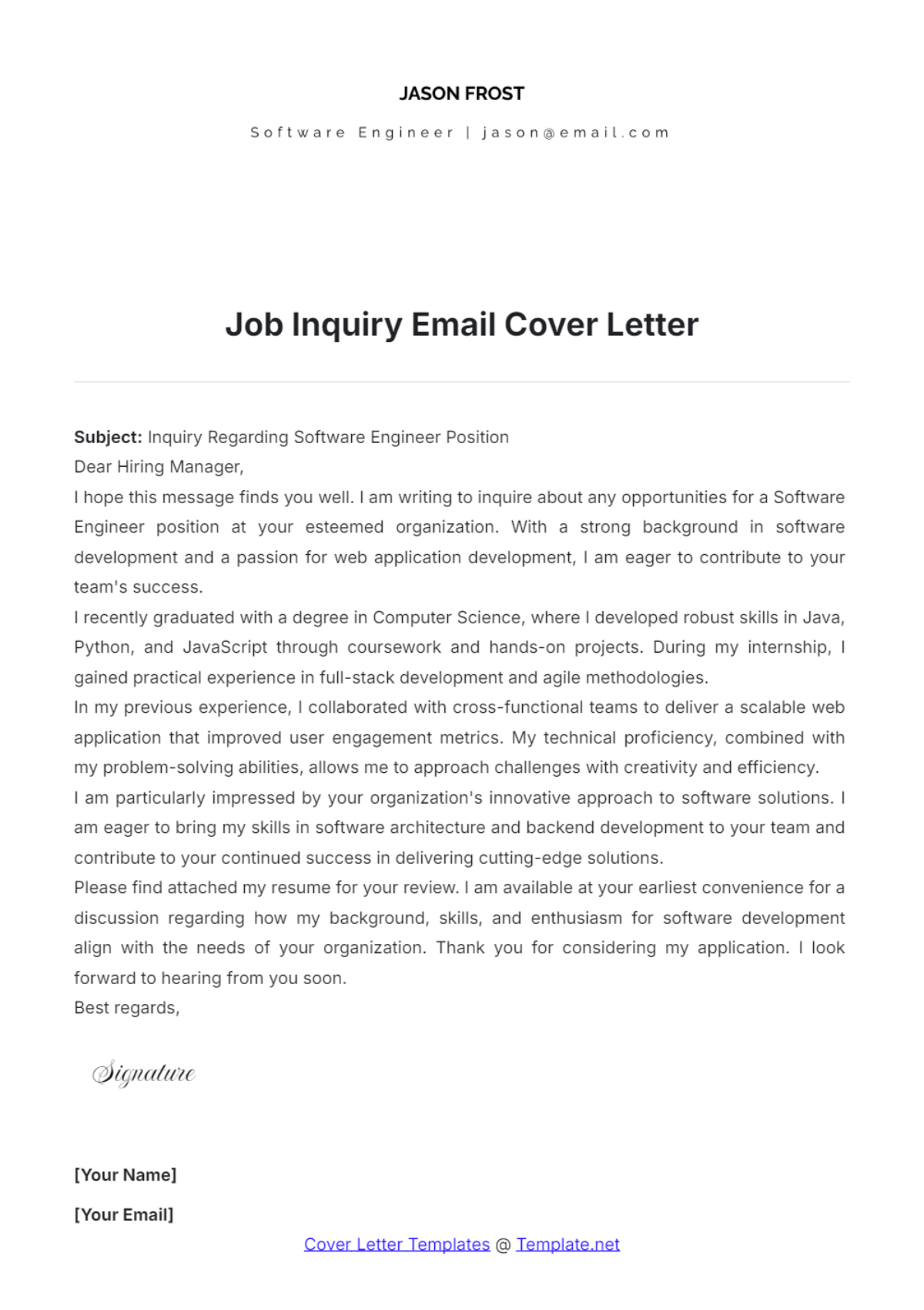 Free Job Inquiry Email Cover Letter Template