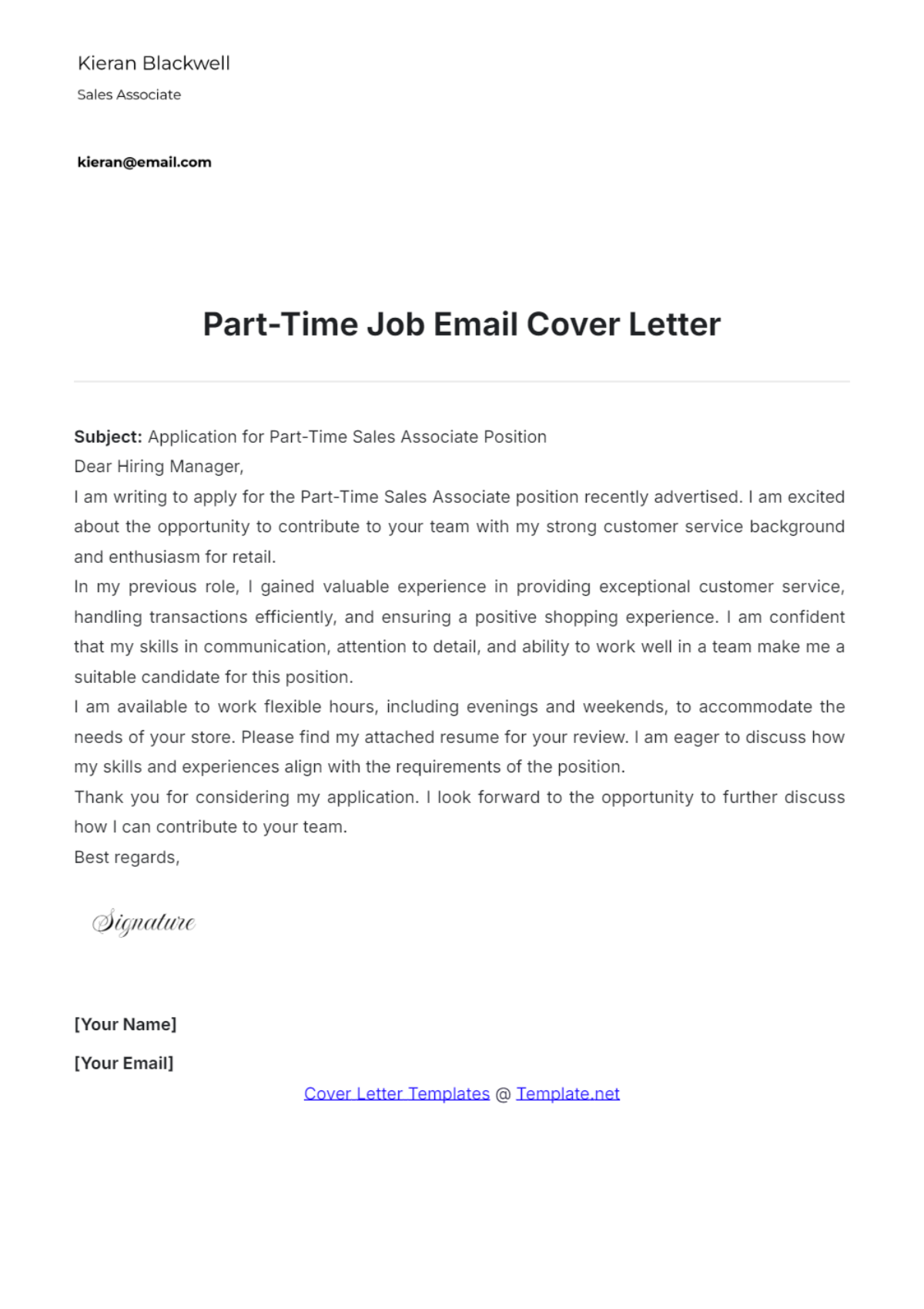 Free Part Time Job Email Cover Letter Template