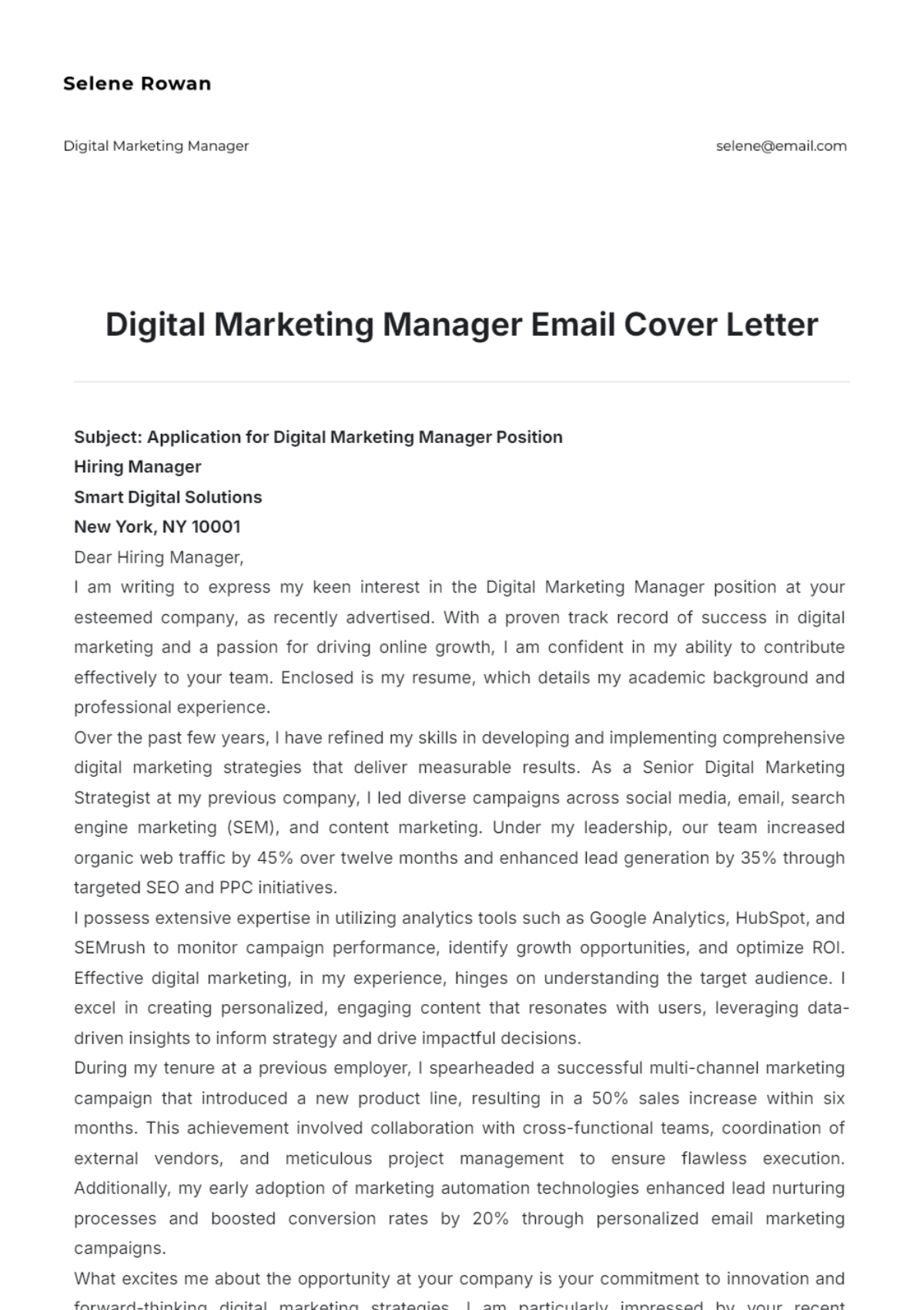 Free Digital Marketing Manager Email Cover Letter Template