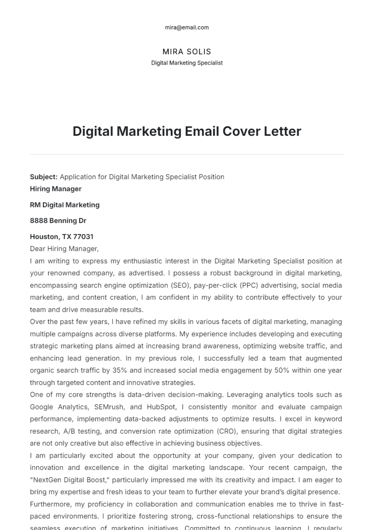 Free Digital Marketing Email Cover Letter Template