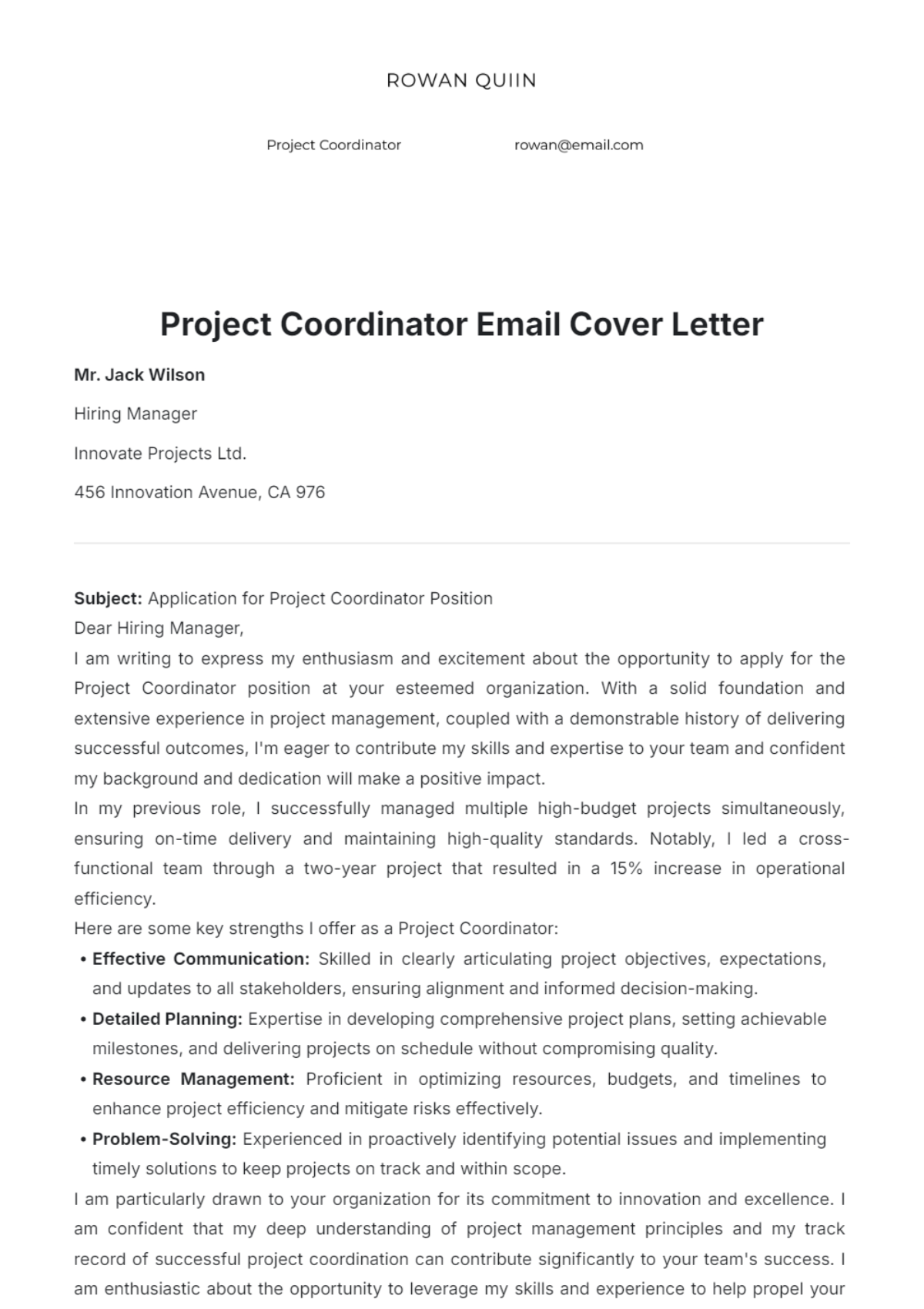 Free Project Coordinator Email Cover Letter Template