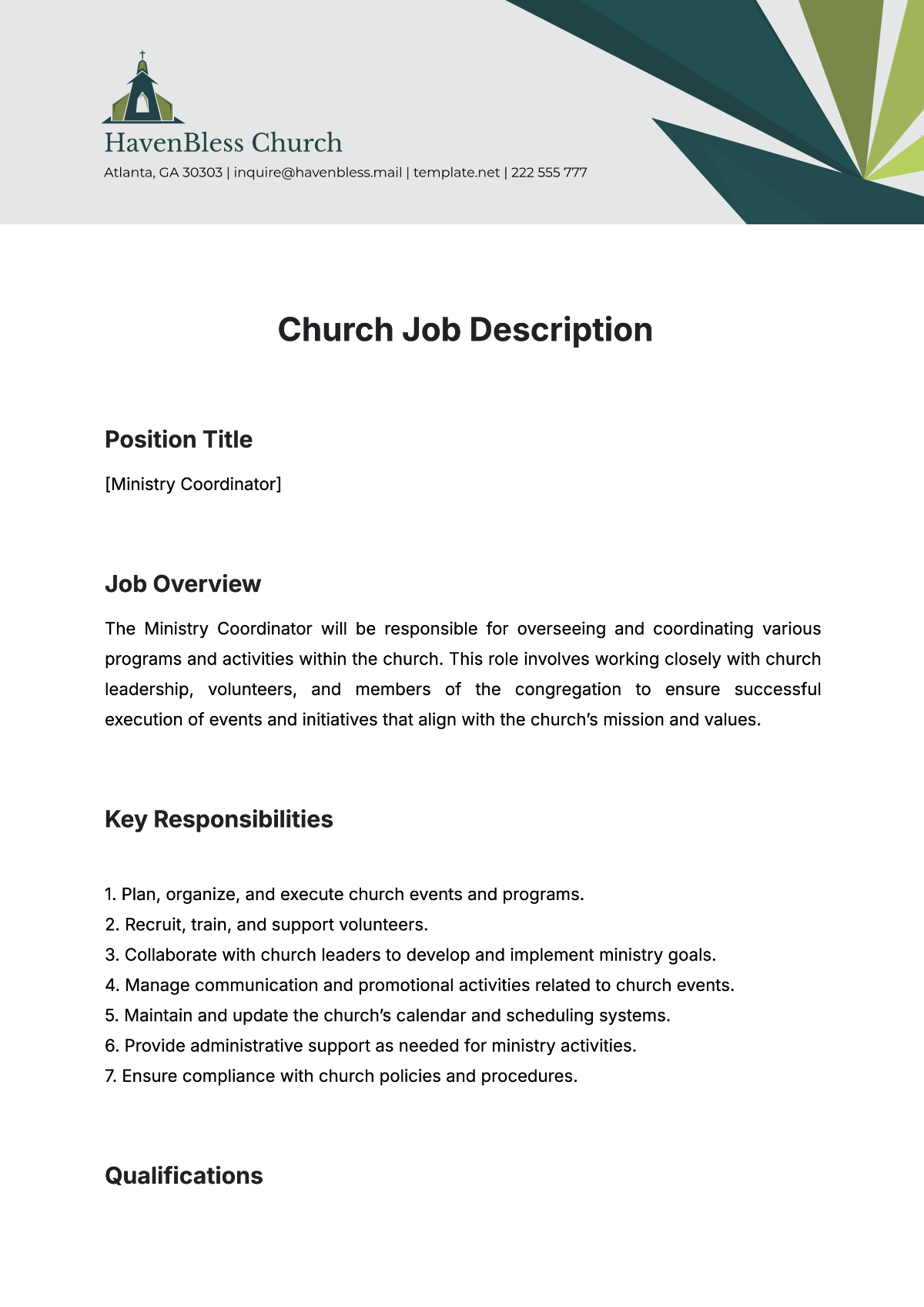 Church Job Description Template - Edit Online & Download