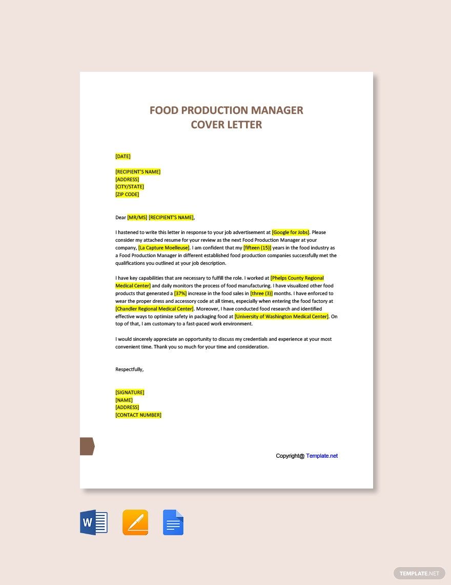 Food Production Manager Cover Letter Template