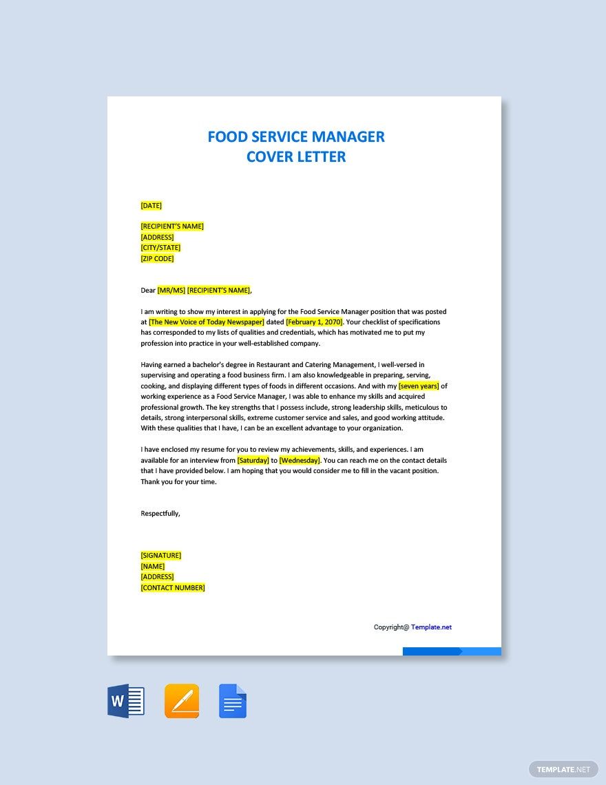 Food Service Manager Cover Letter