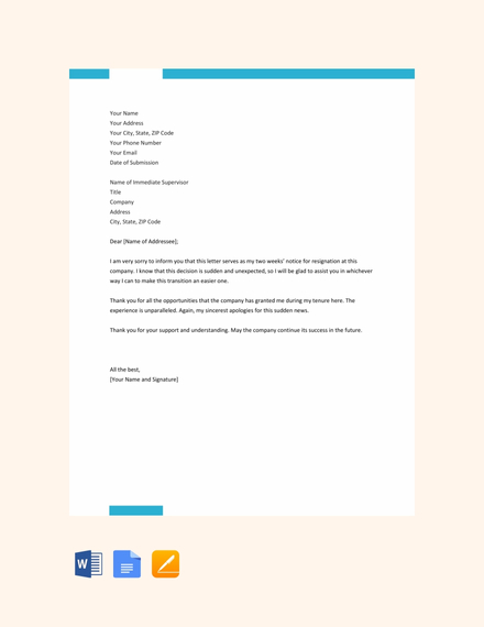 free two weeks notice resignation letter template 440x570