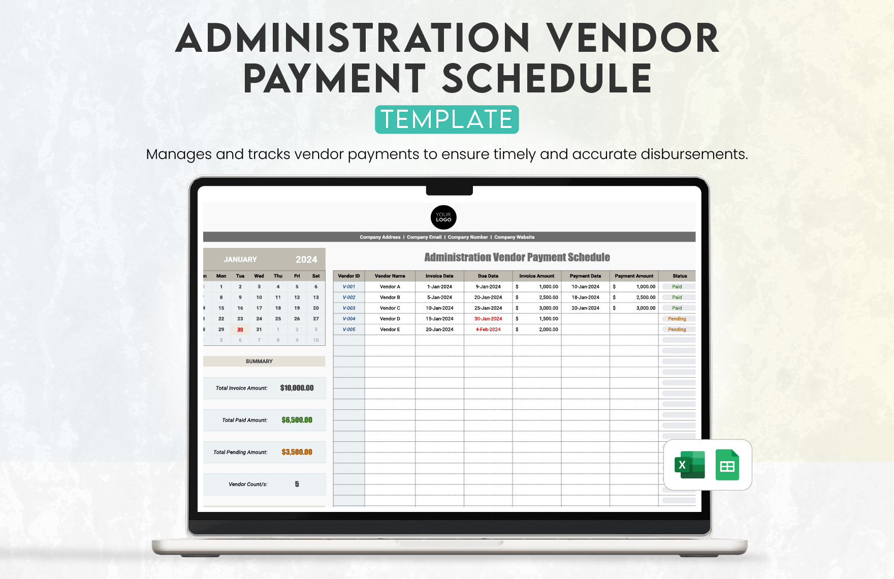 Administration Vendor Payment Schedule Template in Excel, Google Sheets - Download | Template.net