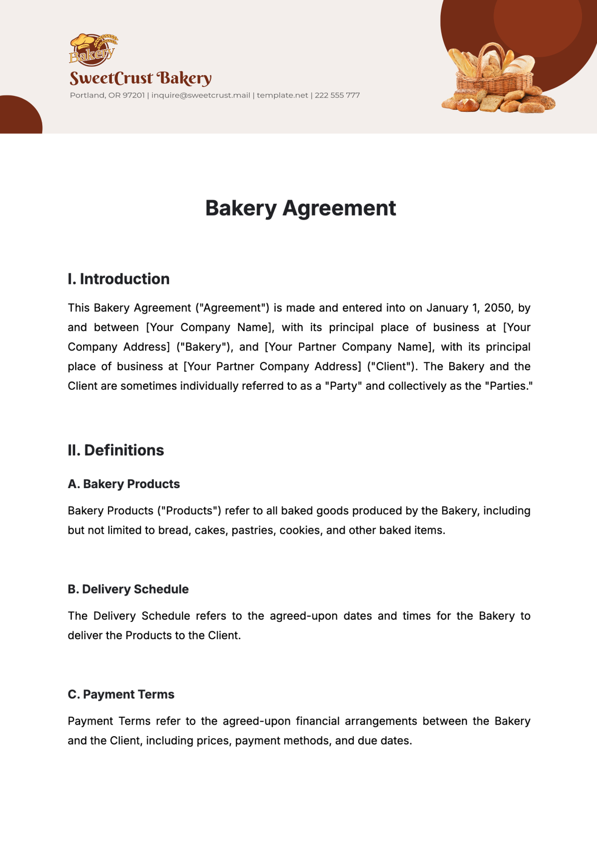 Free Bakery Agreement Template to Edit Online