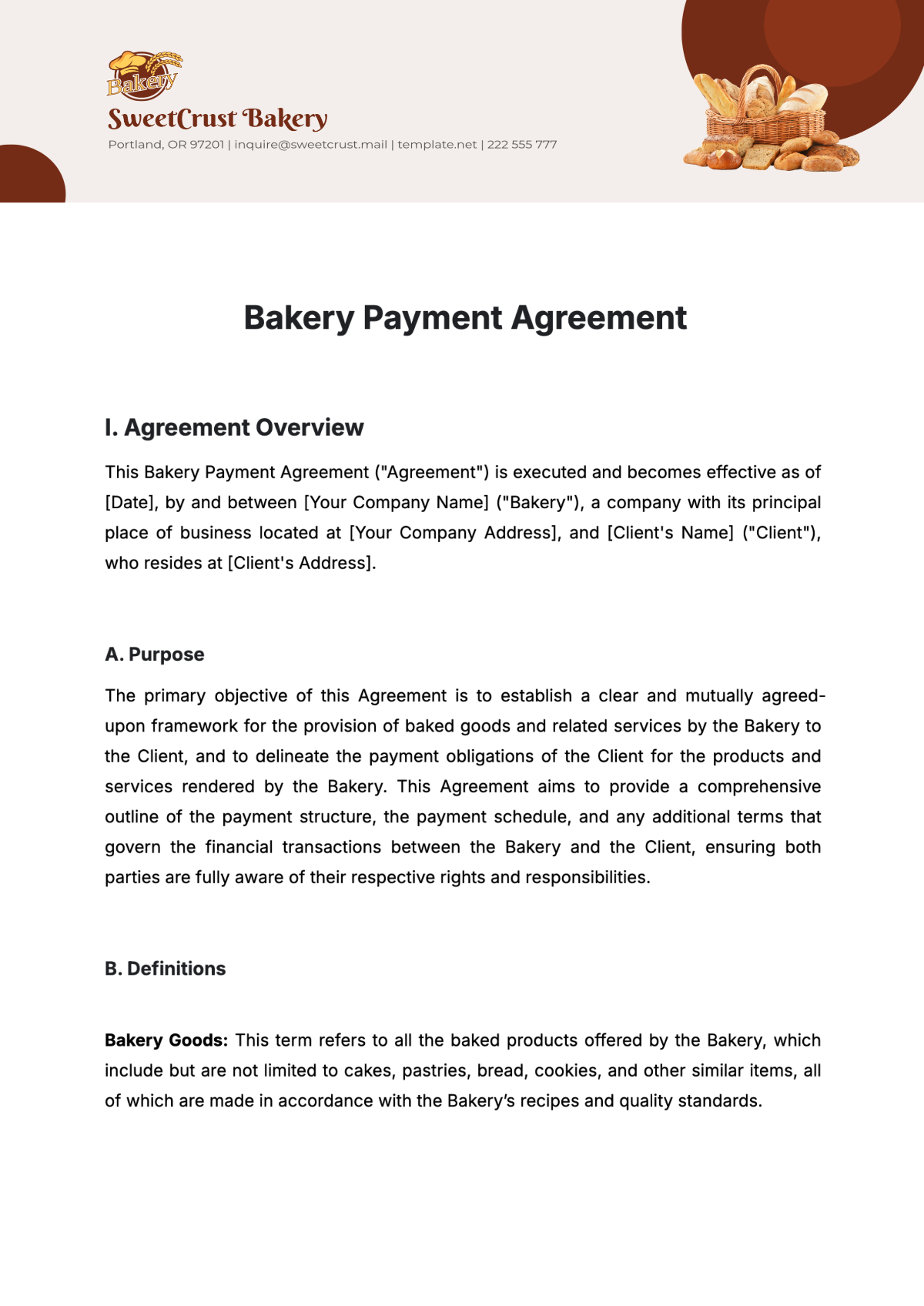 Free Bakery Payment Agreement Template to Edit Online