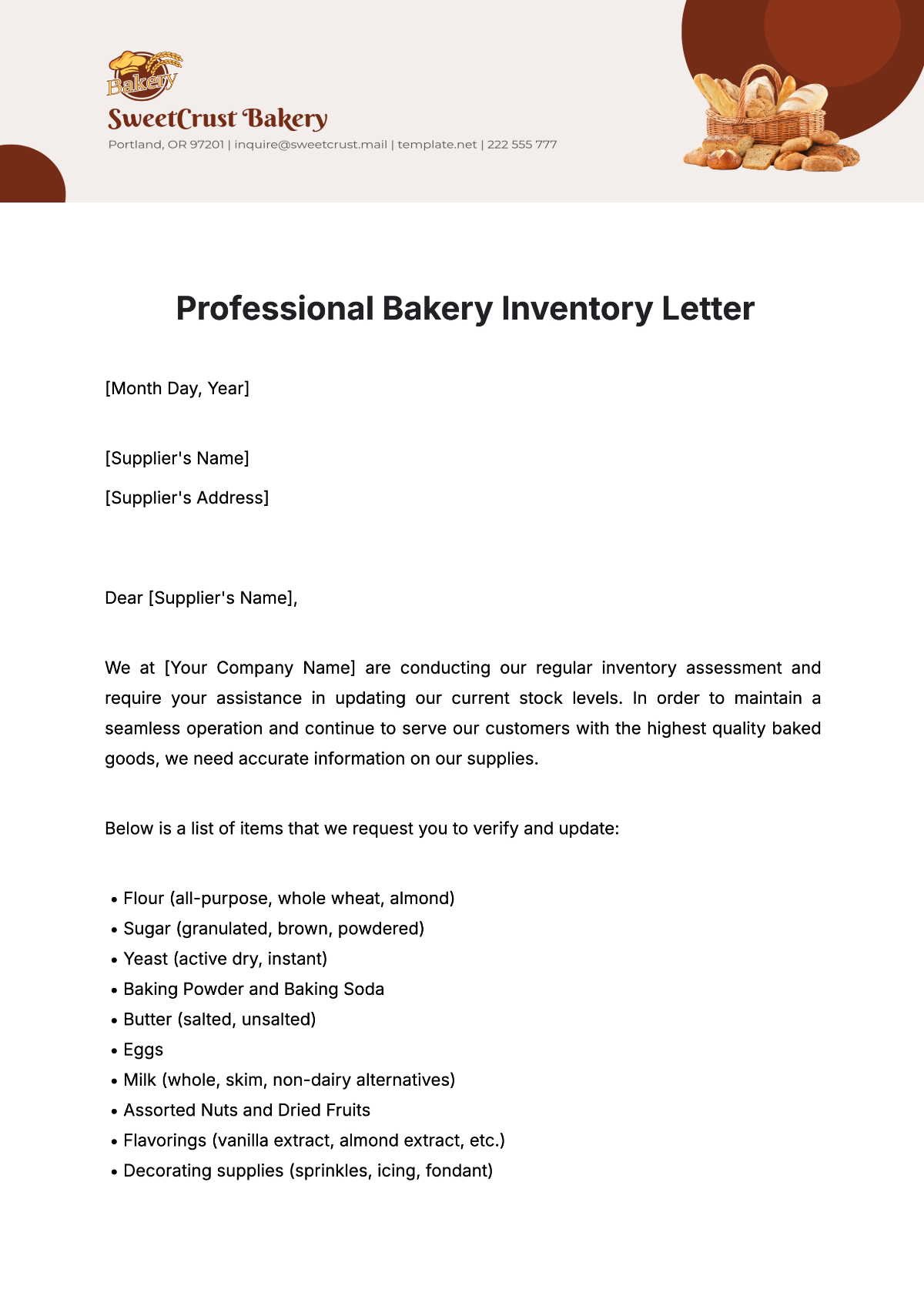 Free Professional Bakery Inventory Letter Template to Edit Online