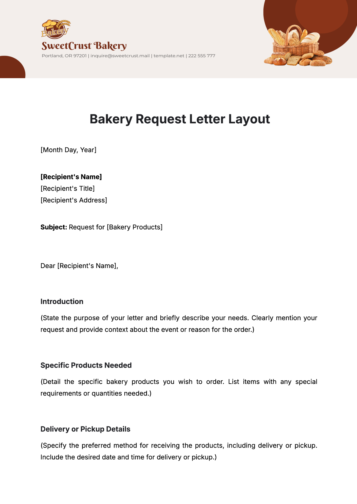 Free Bakery Request Letter Layout Template to Edit Online