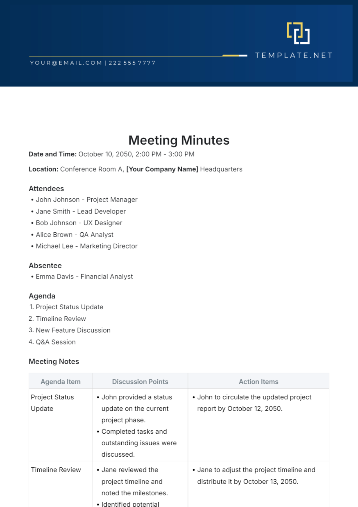 Free Meeting Minutes Template to Edit Online