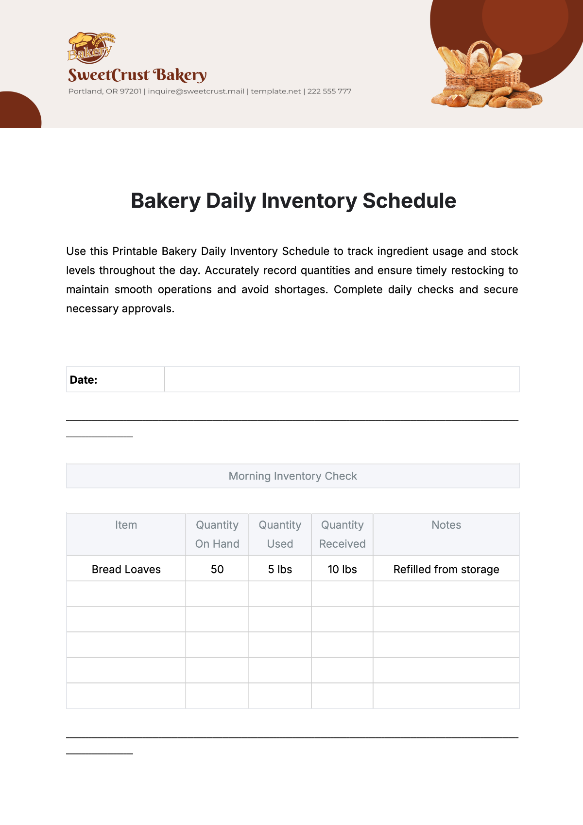 Free Printable Bakery Daily Inventory Schedule Template to Edit Online