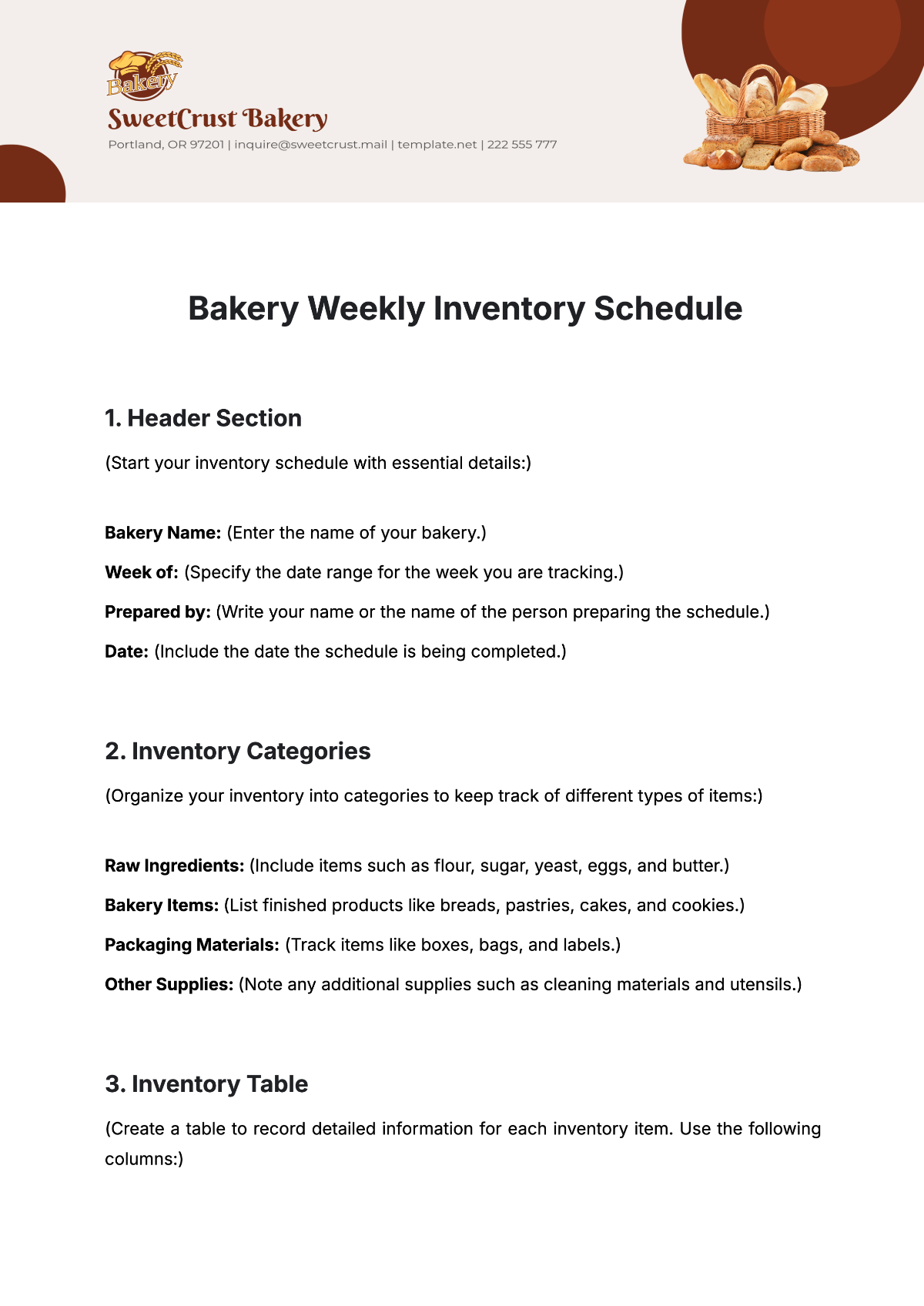 Free Bakery Weekly Inventory Schedule Layout Template to Edit Online