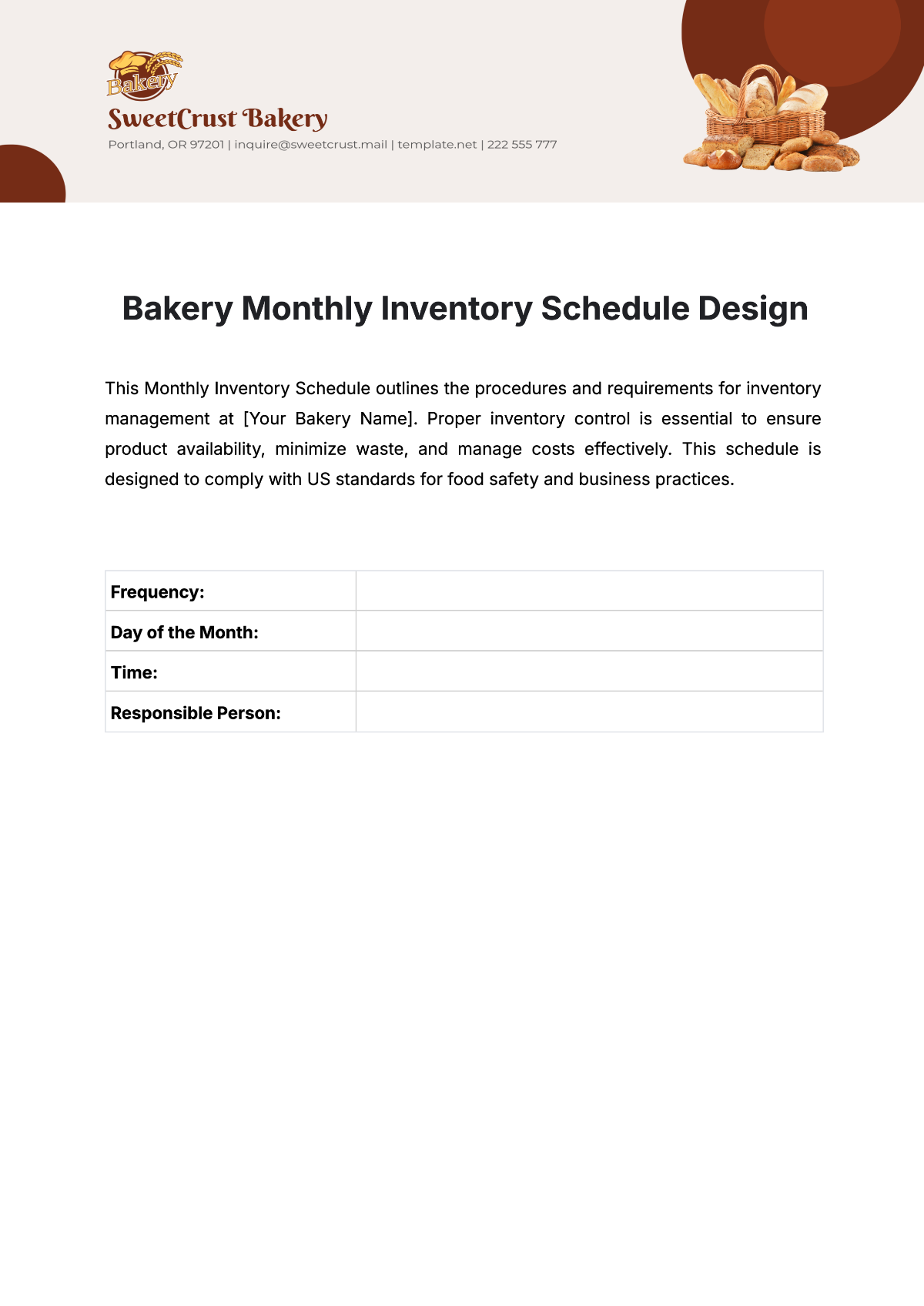 Free Bakery Monthly Inventory Schedule Design Template to Edit Online