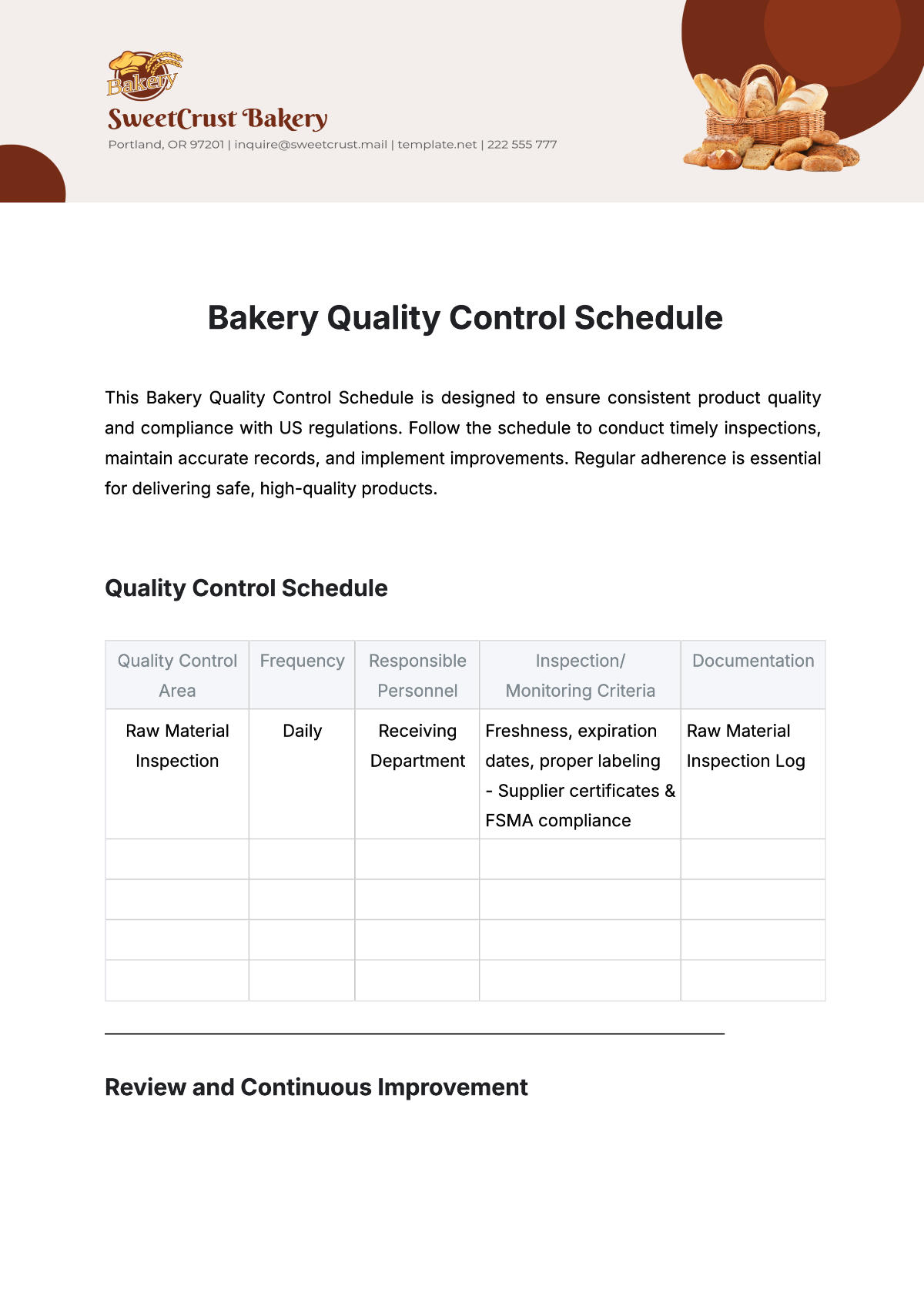 Free Bakery Quality Control Schedule Template to Edit Online