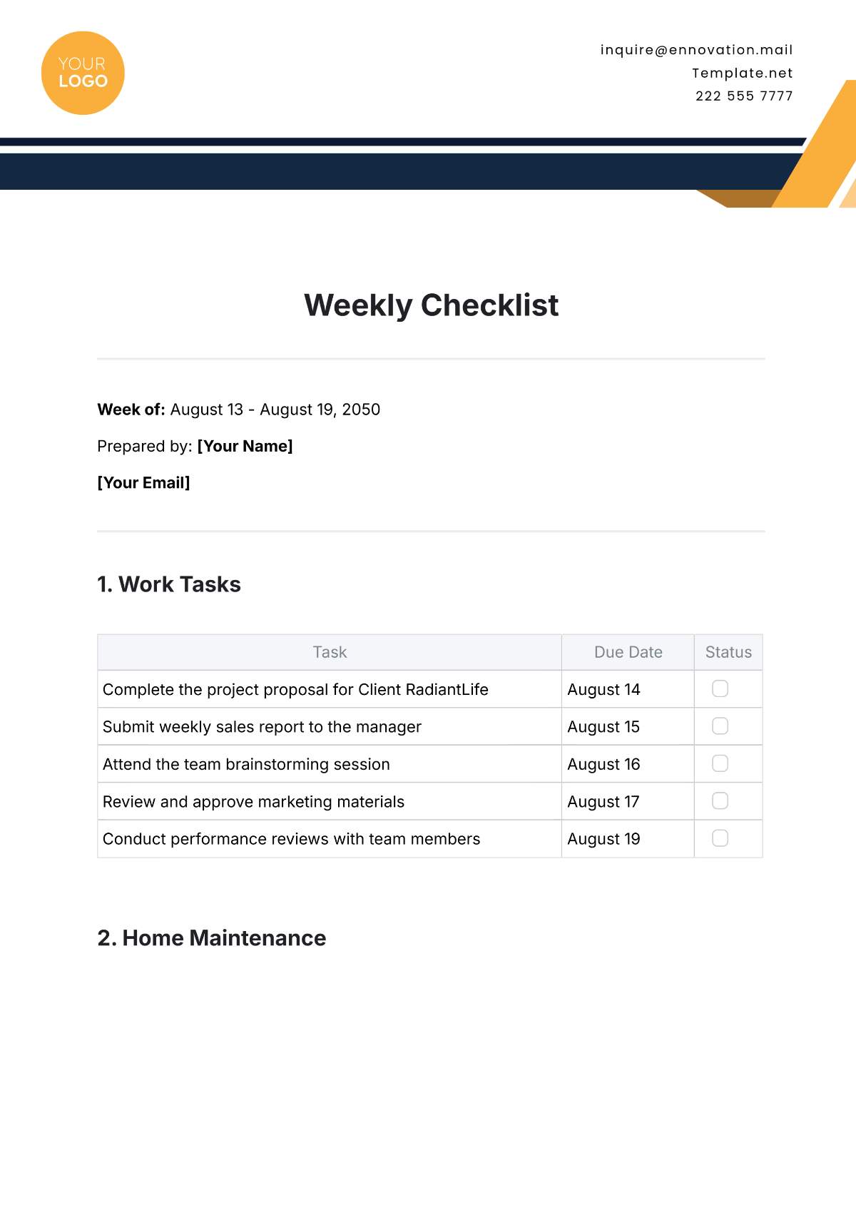 Free Weekly Checklist Template