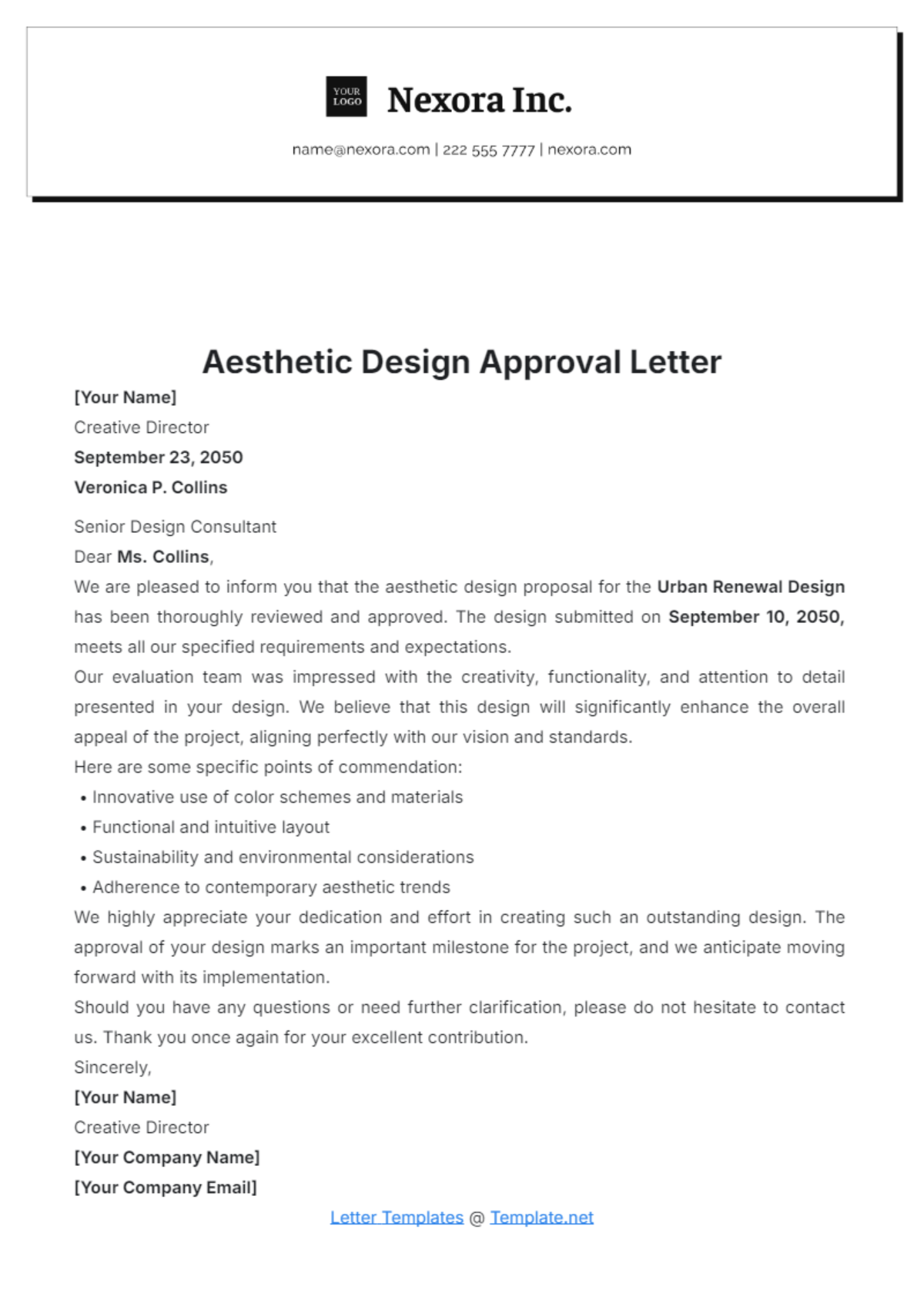 Free Aesthetic Design Approval Letter Template