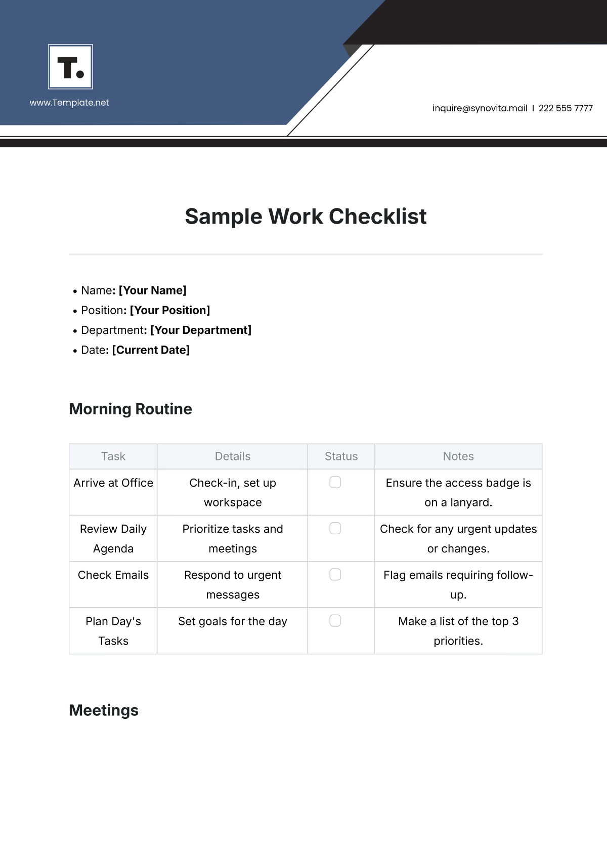 Free Sample Work Checklist Template