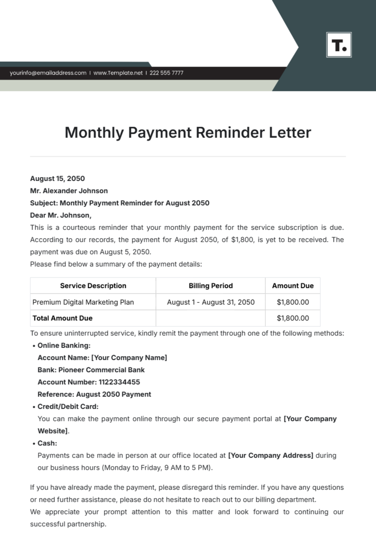 Free Monthly Payment Reminder Letter Template