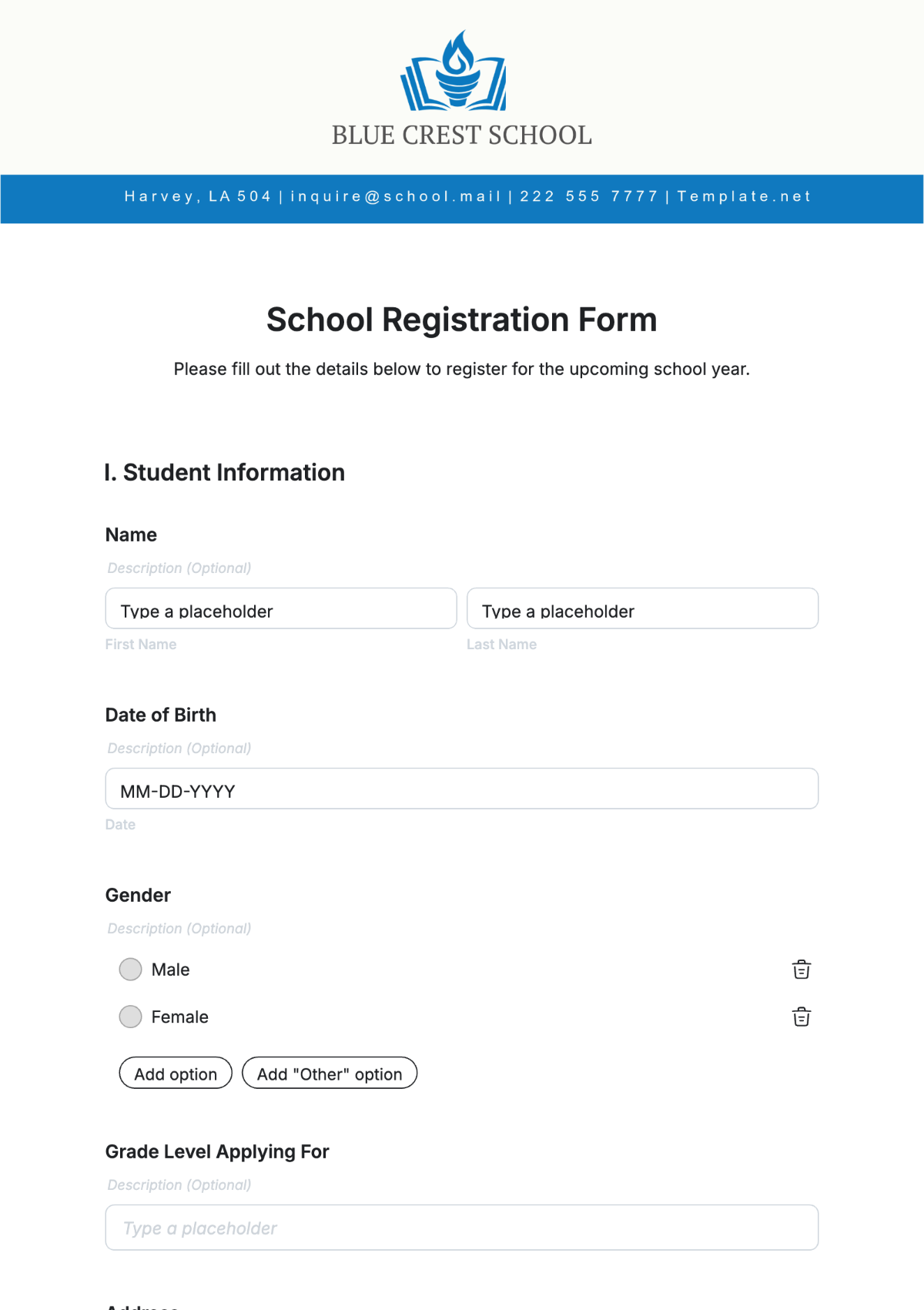 School Registration Form Template - Edit Online & Download