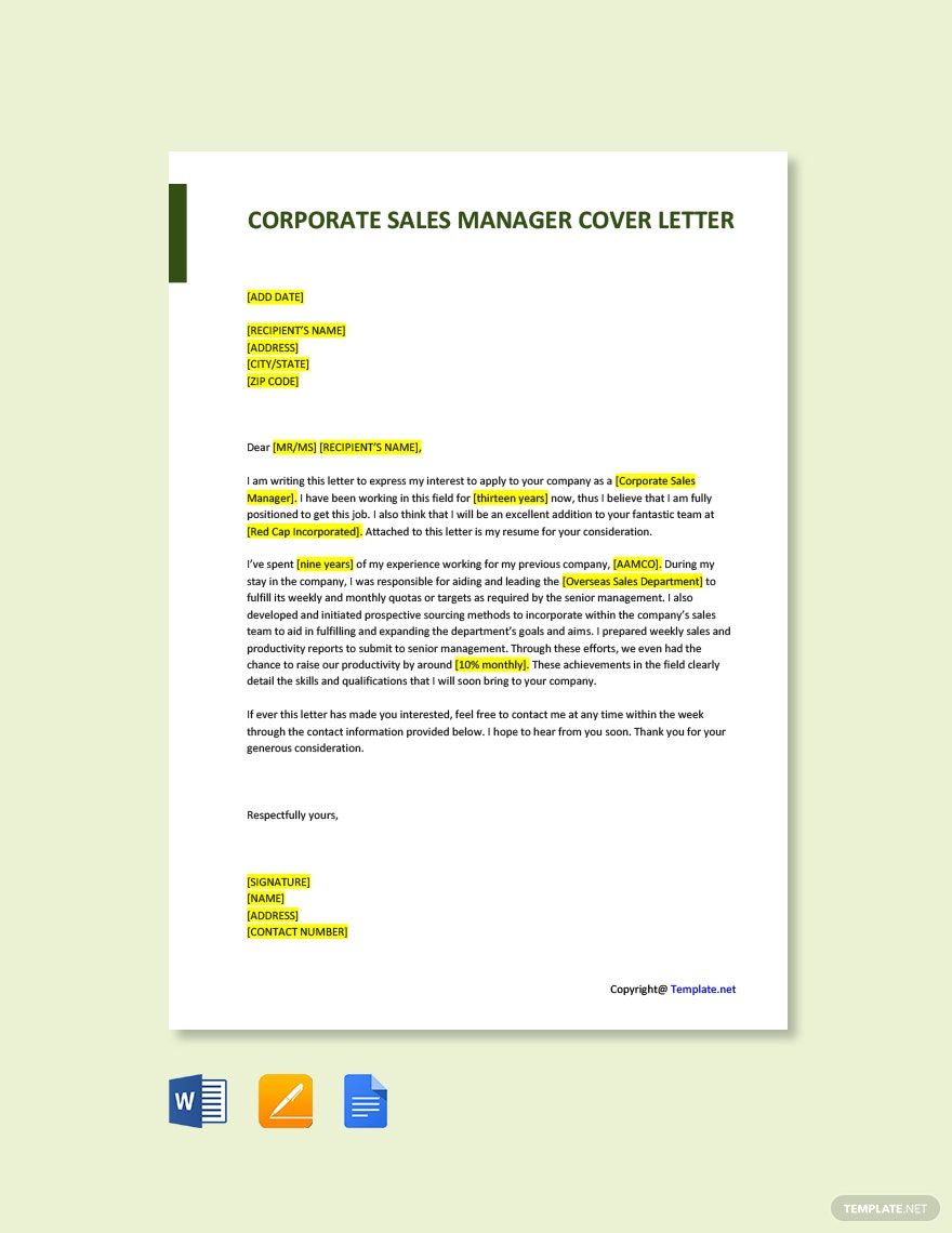 Corporate Sales Manager Cover Letter